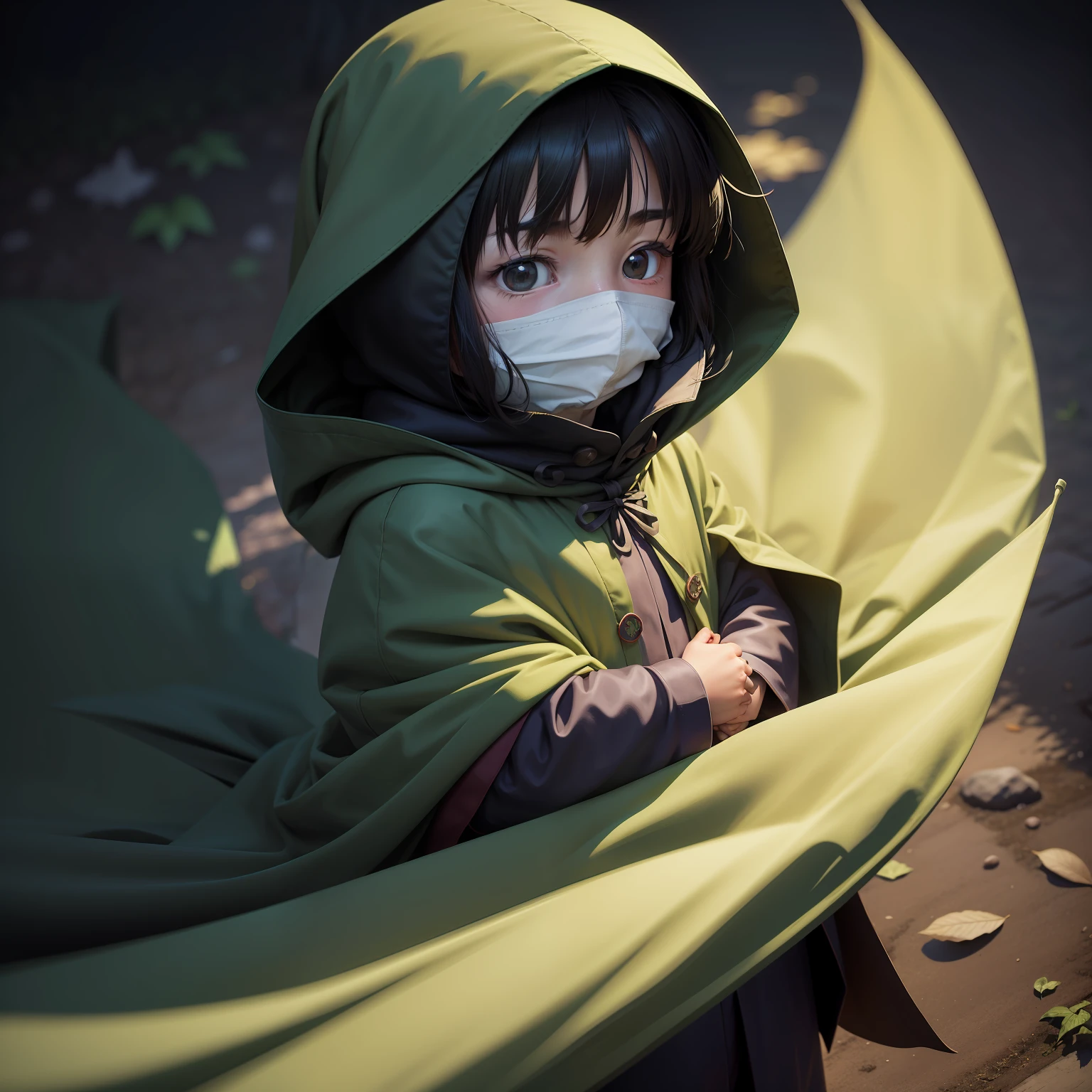 Caricature of a child wrapped in a blanket, cloak covering face, covered with blanket, lain iwakura, wearing leaf cloak, haibane renmei, honest, wearing cloak, Wearing a cloak, shrouded figure, inspired by Uragami Gyokudō, lain, Cloaked, with a green cloak, wearing a hooded cloak