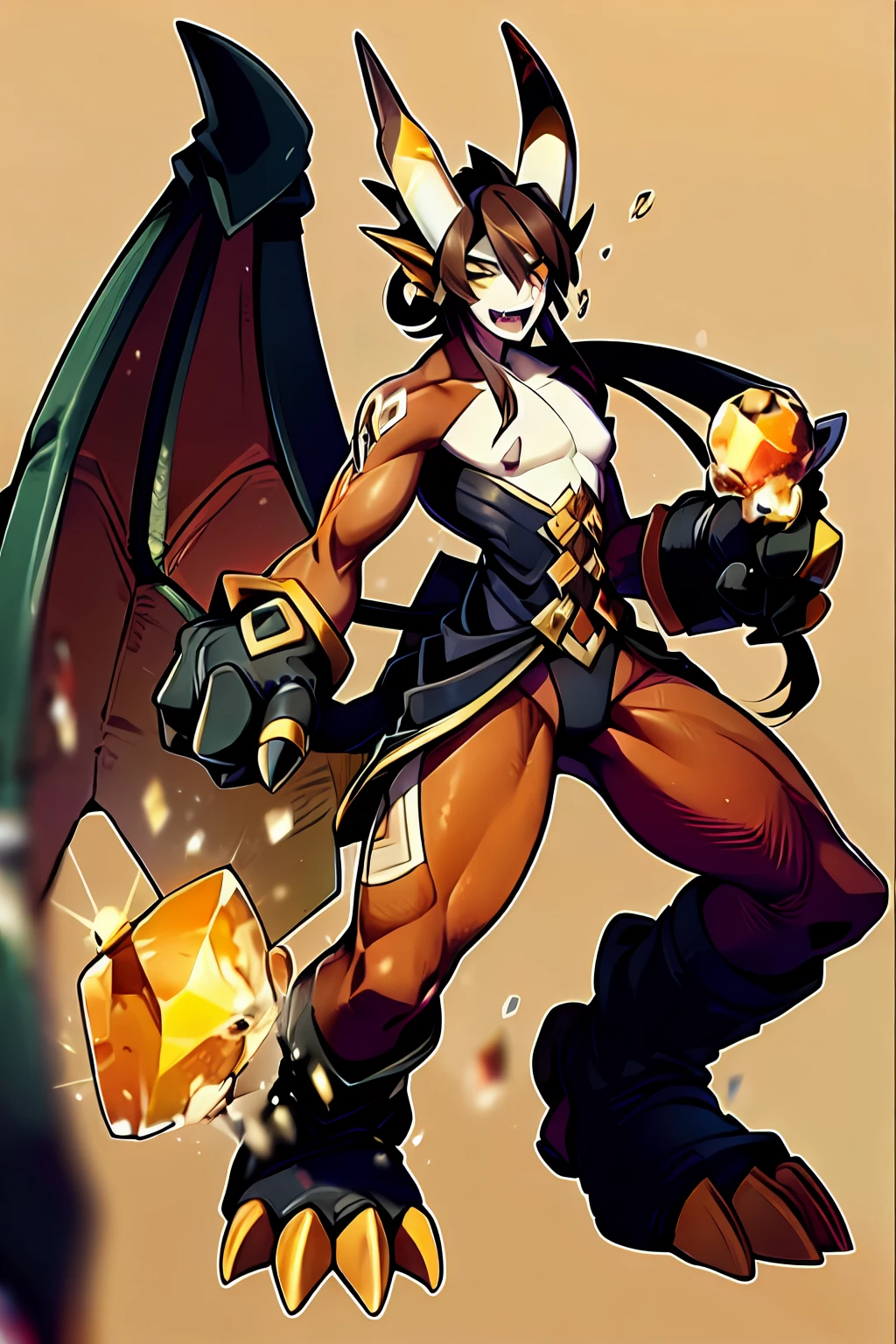 masterpiece, best quality, male focus, jewelry, long hair, 1boy, solo, earrings, bangs, gloves, ponytail, (( Over size Claws)), multicolored hair, brown hair, hair between eyes, yellow eyes,gradient hair, suit, black hair, digimon \(creature\), ((orange eastern Dragon horn and brown Tail), ((orange Crystals on body)), ((Orange, Black and brown Colour schemes)), (Zhongli as a Digimon), ((mid transformation sequence)), ((Sharp Fangs, Draconic ))