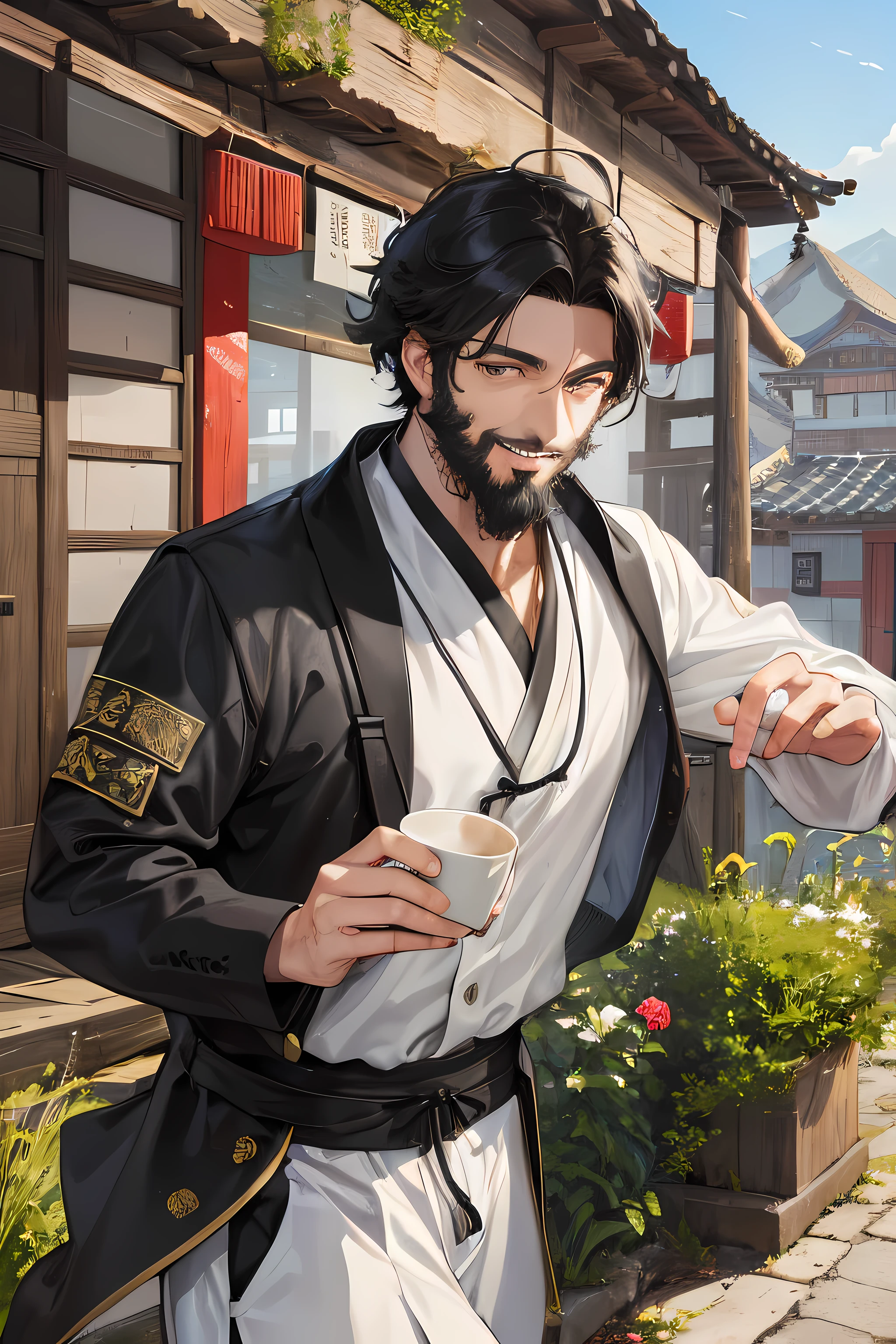 A 30-year-old man, Black hair ,Kind expression,Kind,Smile square chin and sparse beard, His clothes were gray and white, Ancient Chinese plain name people,anime figure ,rustic,villages