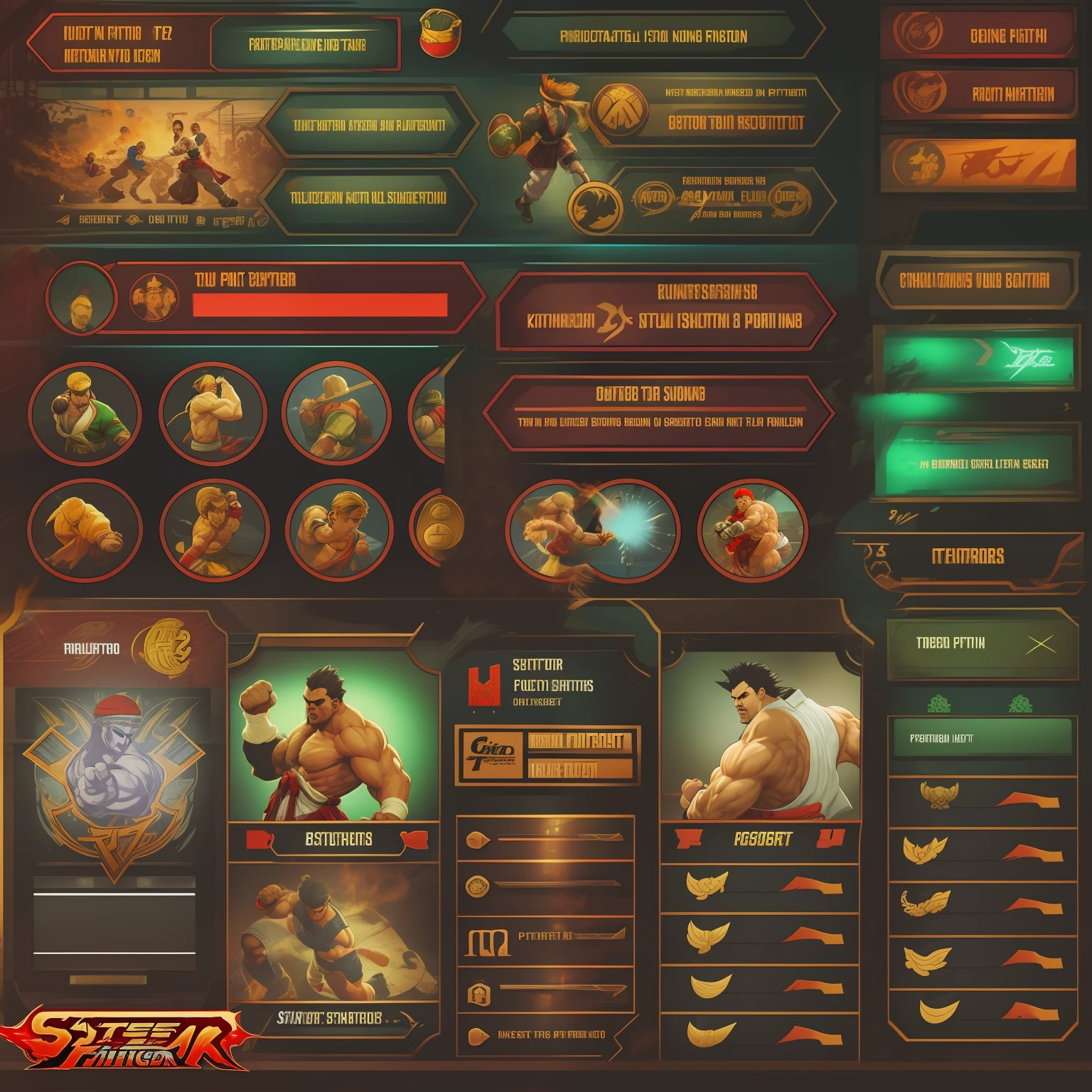 Menu Principal, jogo de luta, Estilo, Layout, title, options, HUD, UI, Street Fighter, King of Fighters, Tekken, fighting game UI, life bars, icons.