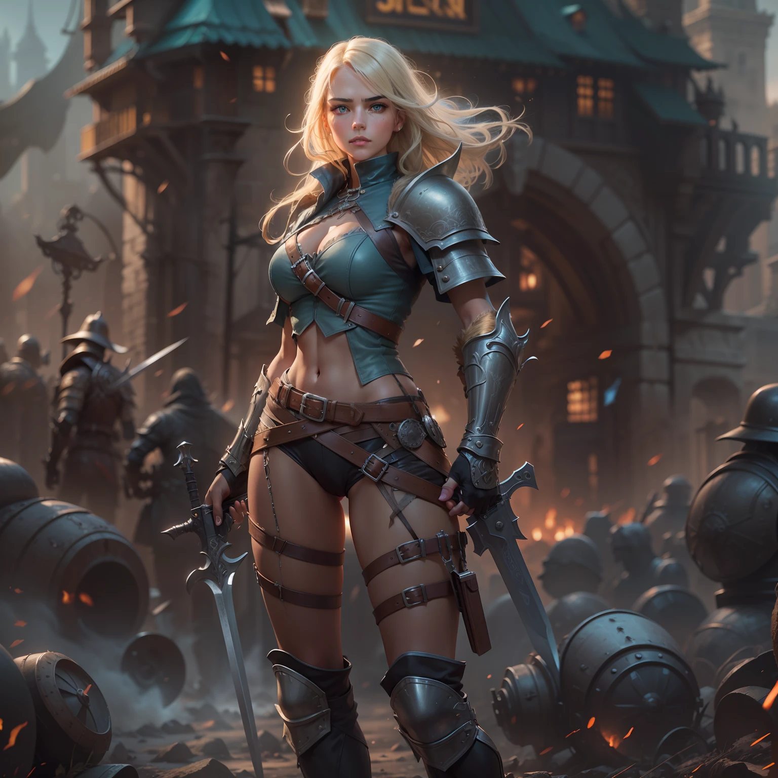 a European girls, solo, Blonde, tanned skin, cold-looking blue eyes, thin face, ripped body, wearing leather armor, leather legging, highnoon boots, carry a sword by waist and 2 pistol behind waist, medival, fantasy knight, realistic shadows, high quality, ultra detailed in 4k, 8k, high resolution, sharp focus, depth of field, faded, (neutral colors:1.2), (hdr:1.4), (muted colors:1.2), hyperdetailed, (artstation:1.4), cinematic, warm lights, dramatic light, (intricate details:1.1), complex background, (rutkowski:0.66), (teal and orange:0.4)", steampunk battle city background, monster battle wist her.
