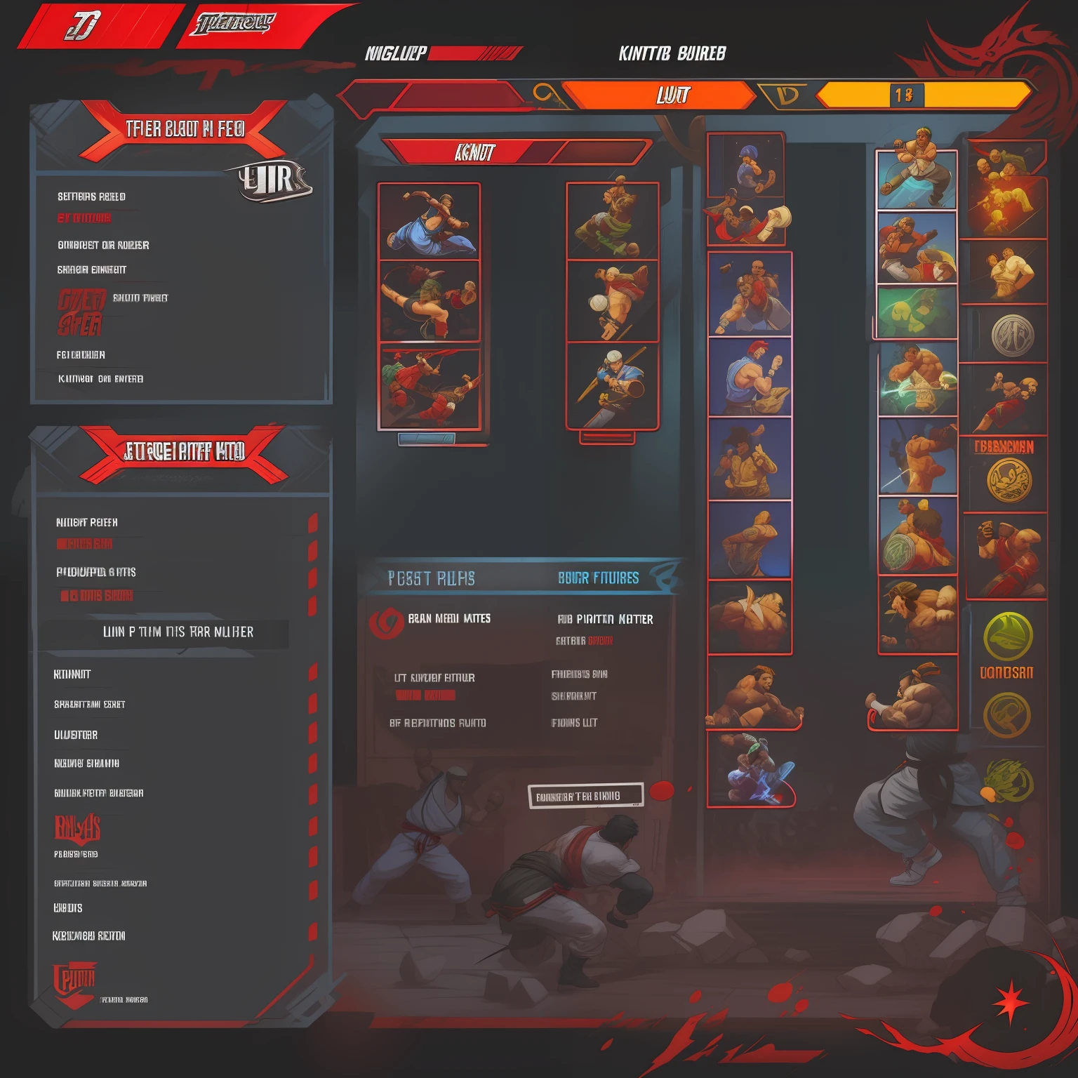 Menu Principal, jogo de luta, Estilo, Layout, title, options, HUD, UI, Street Fighter, King of Fighters, Tekken, fighting game UI, life bars, icons.