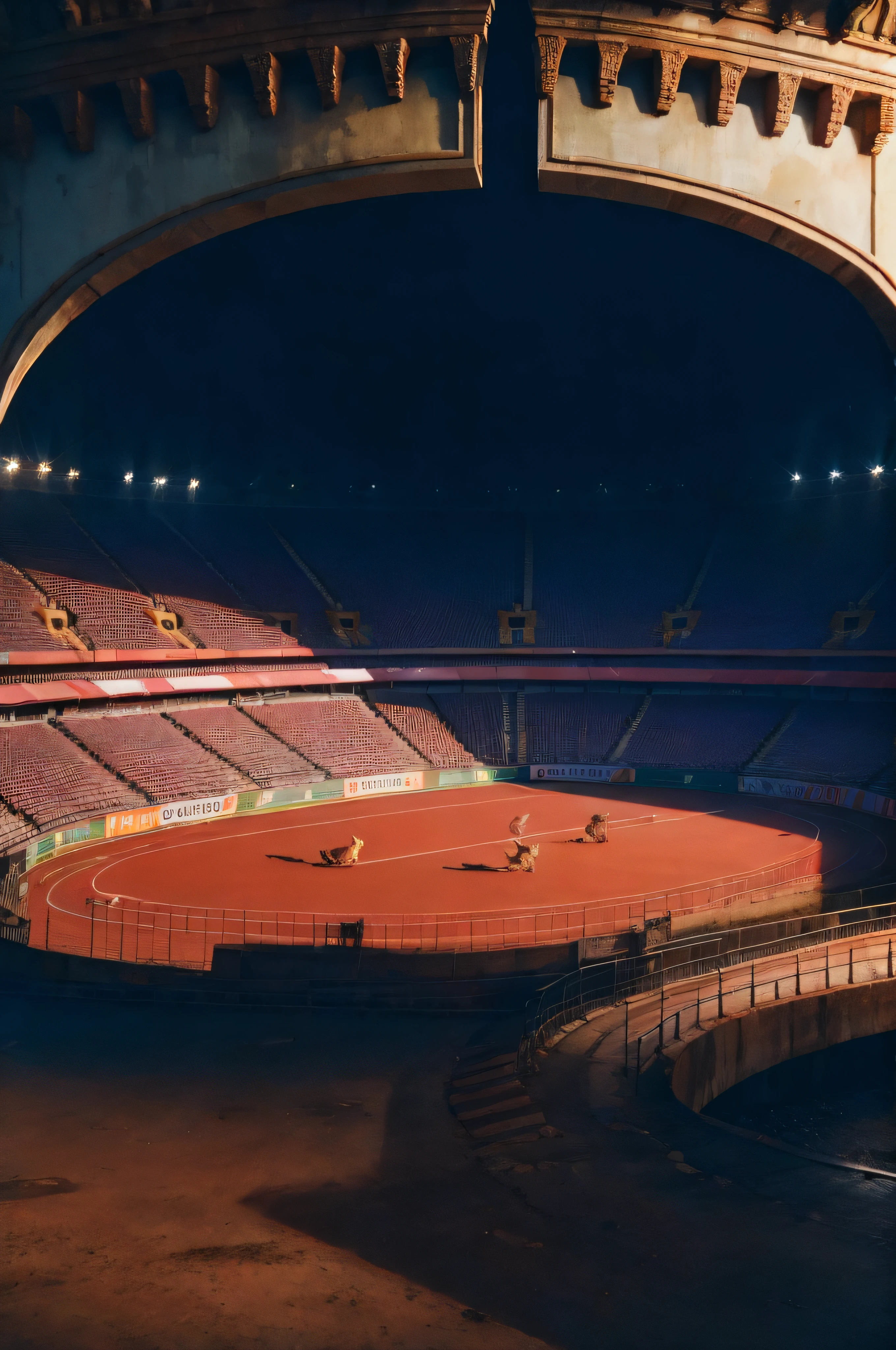Animal Games, Roman Stadium, （There are a lot of animals running on the track：1.4）, There are many animals watching the game around, （Realistic hair：1.2）, Lots of detail, animal ears, rabbit ears, blush, interior architecture, ray tracing, Fujicolor, panorama, masterpiece, super detail