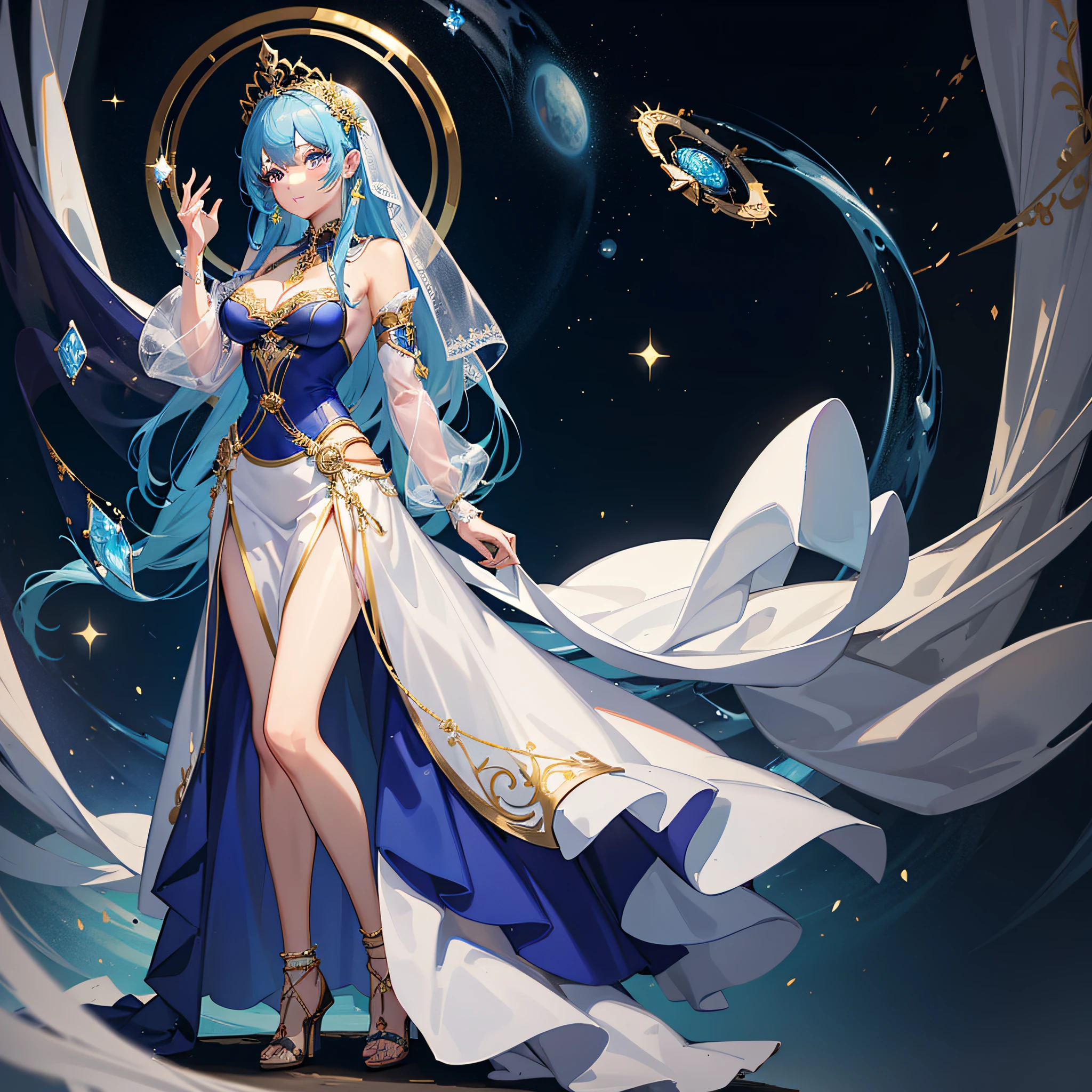 masterpiece, top-quality, 1girl in, 独奏, Look at viewers, fortune teller, sorcerer, doress, high-heels, high quality costume, fantasy dress, Fantasia, Standing, full bodyesbian, Detailed details, weddingdress, bridal