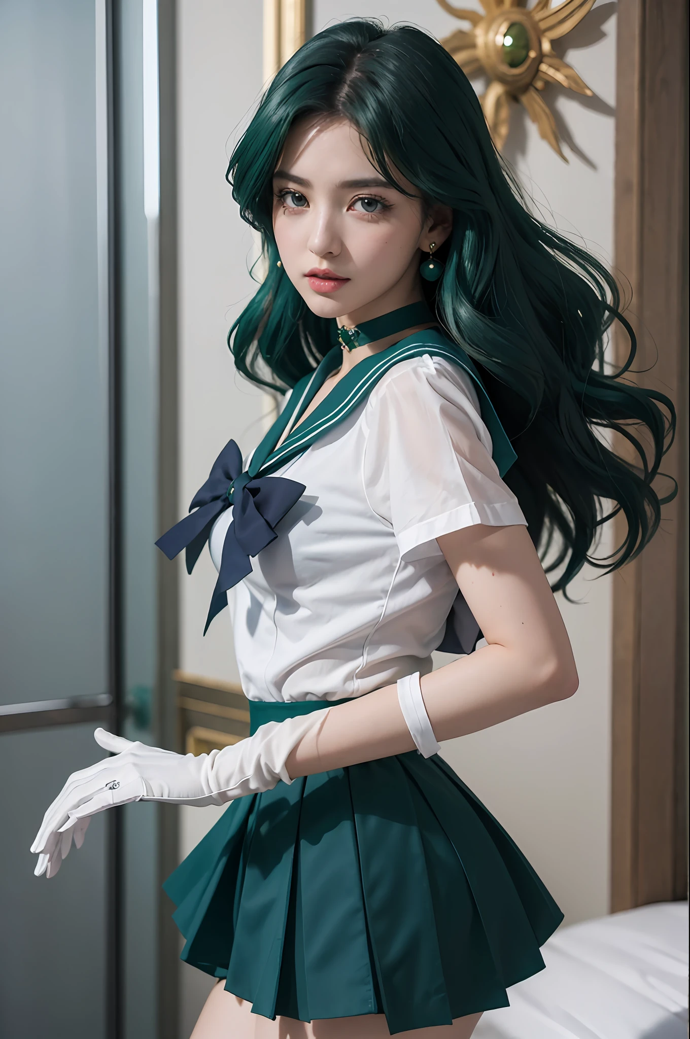 close-up, 1girl, sailor neptune, aqua eyes, dark green hair, medium hair, (sailor senshi uniform:1.1), plead skirt, bow, dynamic posture, Dynamic background, , best quality, masterpiece, high resolution, intricate details, (( realistic )), photographic, earrings, jewelry, white gloves, Medium breast, full body, white gloves, sailor collar