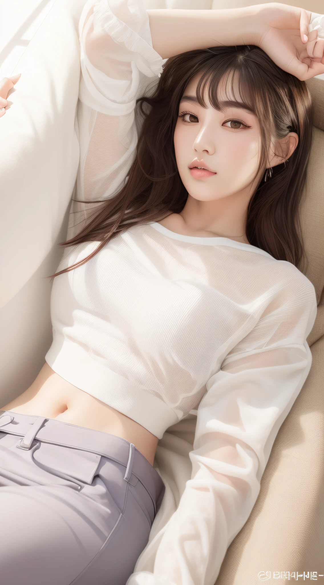 The Arapefi woman lay on the sofa,arms behind head, Gorgeous young Korean woman, wearing white clothes, Korean girl, Choi Hyun-hwa, Good young girl, park jimin, dilraba dilmurat, with ripped crop t - shirt, Beautiful young Korean woman, photo of slim girl model, beautiful Korean women
