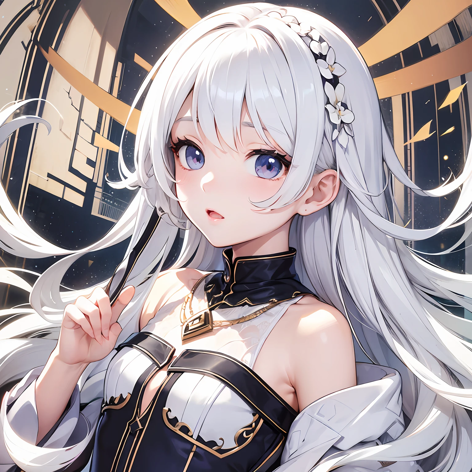 ((Best illustration)), super clear and delicate, dynamic angle, dynamic posture, (1girl), li style, white hair, clear eyes, small body.