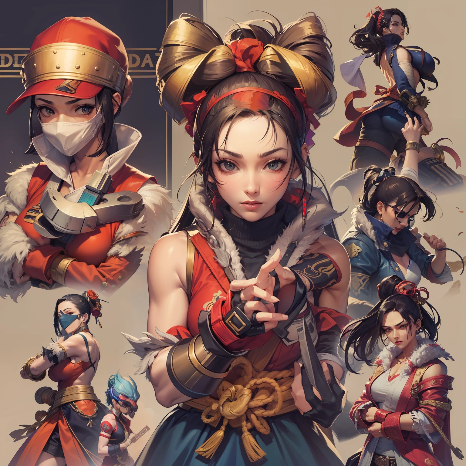 teatral style, 1 Personagem para jogo de luta estilo Street Fighter, King of Fighters, Tekken, Virtua Fighter. 1Lutadora mulher, 1 personagem, Cicatrizes, pose de luta, jovem garota chinesa, roupa moderna, cyberpunk, Mask covering the whole face, chun li, Aquila Marin, V de Vendetta, garota lutadora, steel claws in the hands.