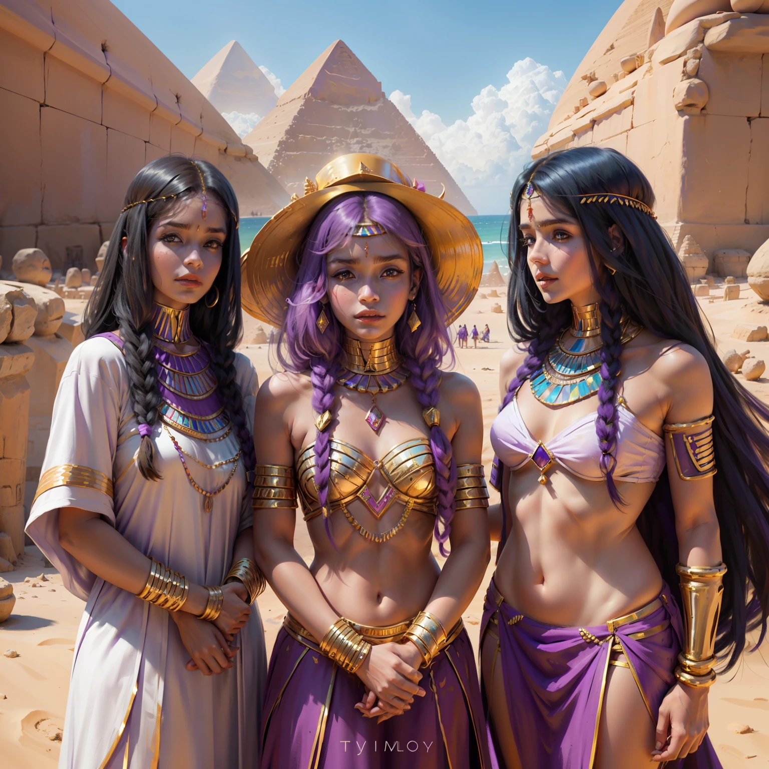 hermanos y hermanos reunidos a las afueras de las piramides de egipto cabello color violeta, They wear violet and golden clothes They are 15 and 16 years old skin cinnamon triguella straight hair violet they have Egyptian jewelry on.