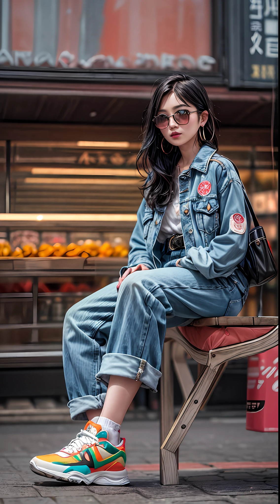 masterpiece, high resolution, street snap:1.3), young Asian woman, (Tokyo fashionista:1.2), strolling through the vibrant streets of Tokyo. Her (effortlessly chic style:1.2) exudes a unique blend of traditional and modern influences. She wears a (stylish oversized denim jacket:1.2) adorned with patches and embroidery, paired with (trendy high-waisted wide-leg pants:1.1). Her (colorful socks:1.1) peek out from her (trendy chunky sneakers:1.2), adding a playful touch to her ensemble. Her (raven-black hair:1.2) is neatly styled in a (fashionable bob:1.1), framing her (radiant face:1.2). Her (expressive almond-shaped eyes:1.2) are highlighted with a touch of (subtle pastel eyeshadow:1.1) that brings out their natural beauty. Completing her look, she carries a (quirky mini backpack:1.1) and dons (edgy statement accessories:1.2) like (oversized hoop earrings:1.1) and (stacked bracelets:1.1). In the background, the hustle and bustle of Tokyo's cityscape (adds energy:1.2) to the photo, with colorful (neon signs:1.1) and (street art:1.1) contributing to the urban vibe. (Camera model and lens choice can be adjusted based on the specific image: Sony Alpha a7 III:1.2, Sony FE 35mm f/1.8:1.2), Cinematic, Hyper-detailed, insane details, Beautifully color graded, Unreal Engine, DOF, Super-Resolution, Megapixel, Cinematic Lightning, Anti-Aliasing, FKAA, TXAA, RTX, SSAO, Post Processing, Post Production, Tone Mapping, CGI, VFX, SFX, Insanely detailed and intricate, Hyper maximalist, Hyper realistic, Volumetric, Photorealistic, ultra photoreal, ultra-detailed, intricate details, 8K, Super detailed, Full color, Volumetric lightning, HDR, Realistic, Unreal Engine, 16K, Sharp focus, octane render --v testp