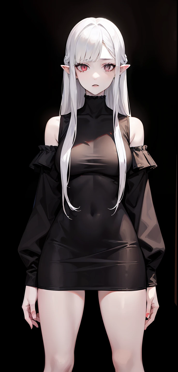 woman, pale skin, dark eyes, ear, eyebrow, lips, teeth showing, long straight white hair, short black tight dress, thin waist, thick legs, thick thighs, background scenery, ultra detailed street, night light, at night, night Day