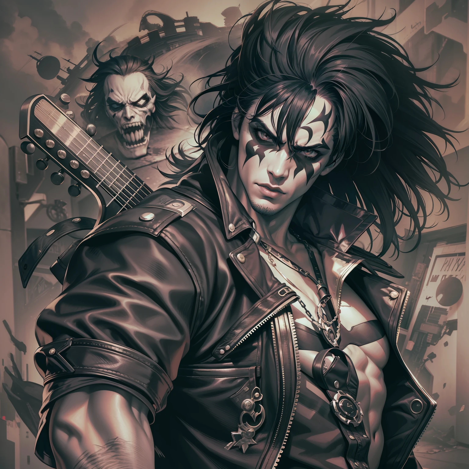 rock style, 1 Personagem para jogo de luta estilo Street Fighter, King of Fighters, Tekken, Virtua Fighter. 1Lutador homem, 1 personagem, Cicatrizes, pose de luta, roupa moderna preta, cyberpunk, cabelo longo, glam rock, hard rock, heavy metal, axel rose, gene simons, paul stanley, guitarra, corpse paint, rosto pintado de branco, tatuagens.