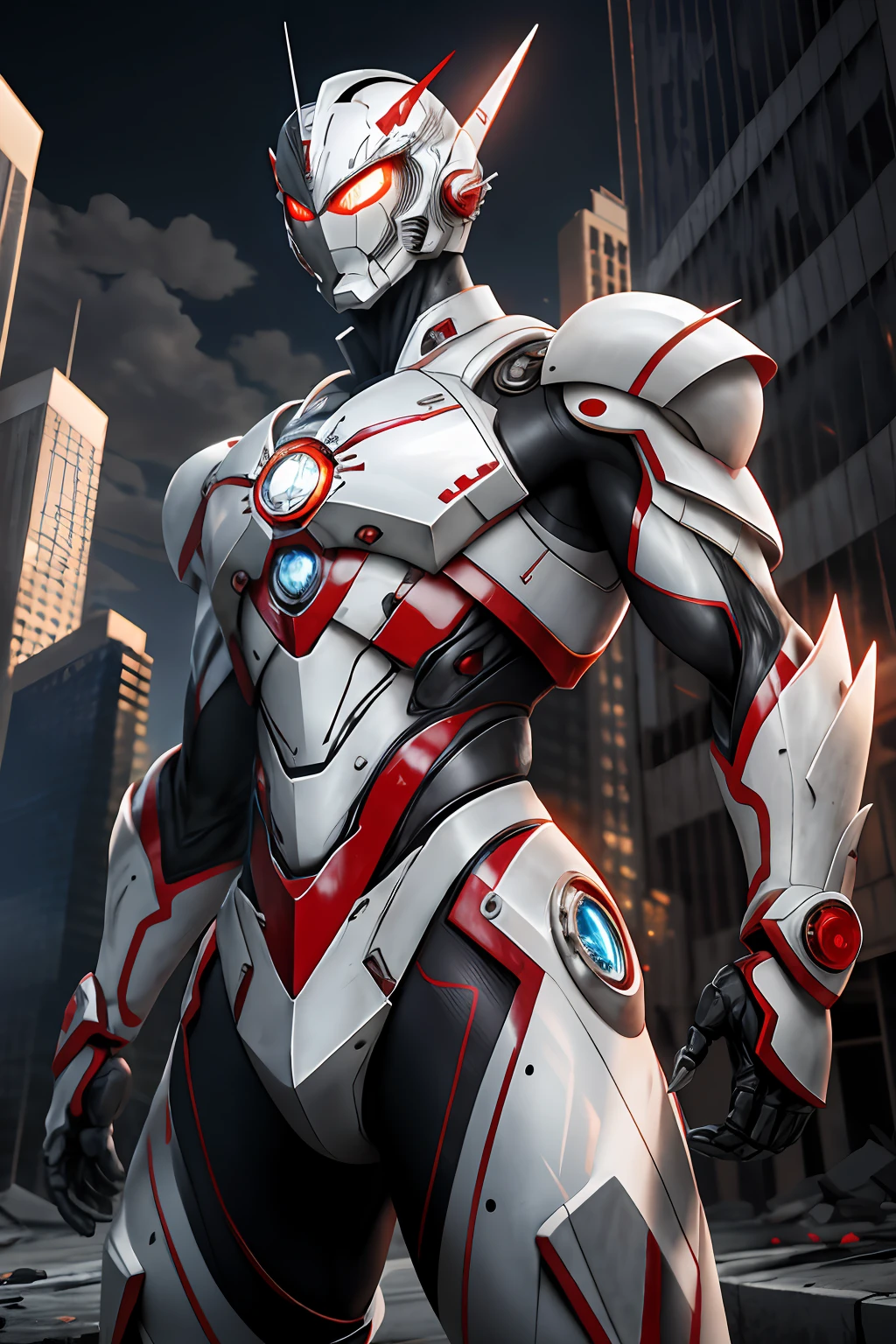 tmasterpiece，Best quality at best，A high resolution，realisticlying，The upper part of the body，
1boys，s Ultraman，MechUltraman，looking at viewert，Silvertone，white colors，Big red，power armour，fully armoured，（semi transparent：1.4），（lewd poses：1.1），Biomechanicals，
，metal reflective，dramatic  lighting，3D，ultra - detailed，rendering by octane，Broken tall buildings，Ruined streets