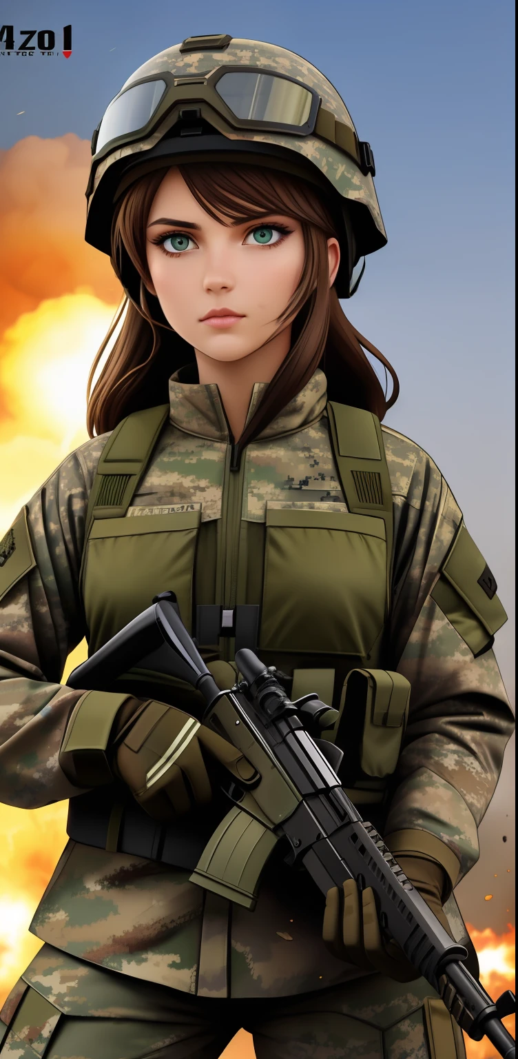 camo helmet, woman, holding a rifle, green eyes, brown hair, explosions around her, soldier camo clothing, looking stern, in the warzone, 4k, 8k, high quality,  masterpiece, best quality, hd, extremely detailed