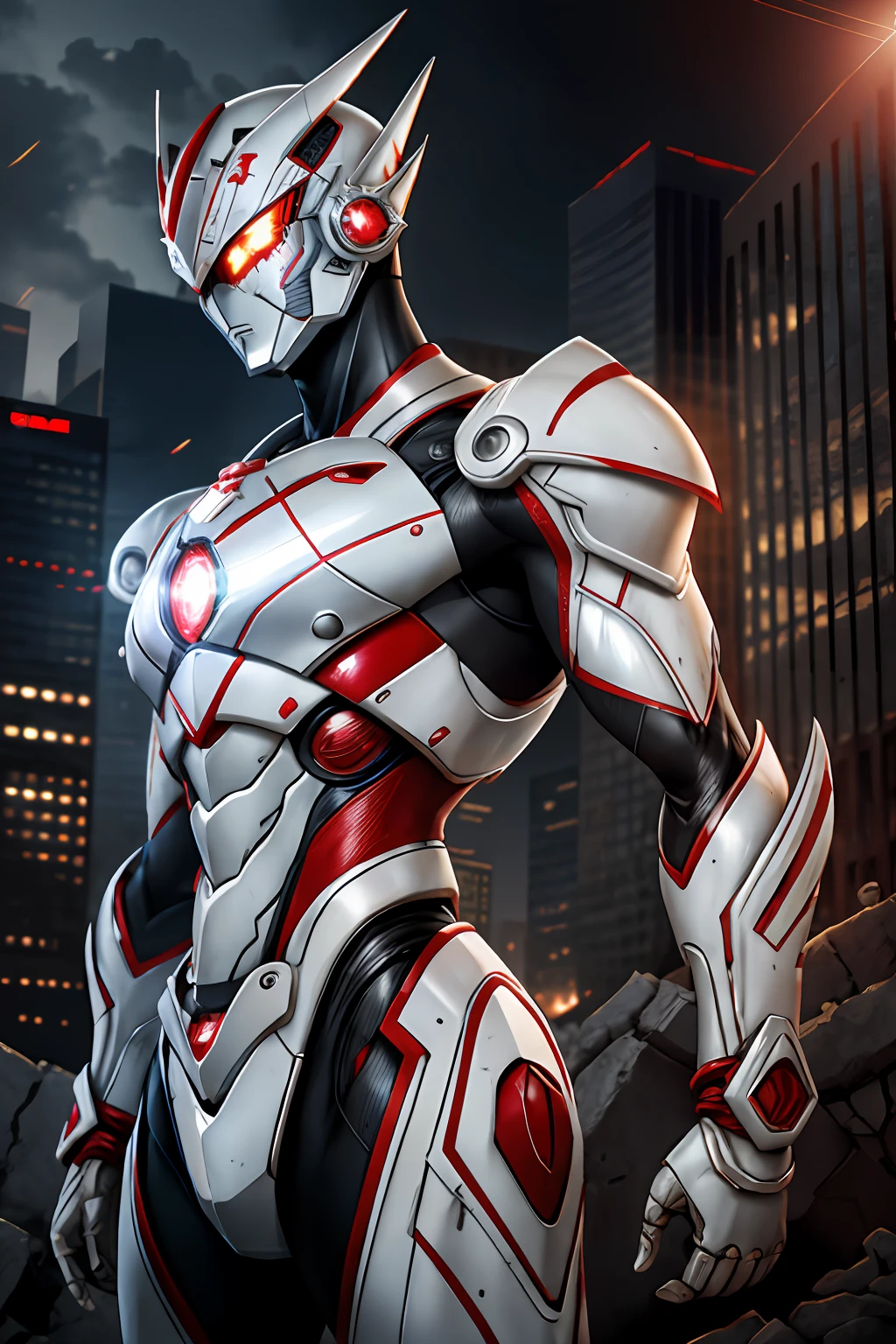 tmasterpiece，Best quality at best，A high resolution，realisticlying，The upper part of the body，
1boys，s Ultraman，MechUltraman，looking at viewert，Silvertone，white colors，Big red，power armour，fully armoured，（semi transparent：1.4），（lewd poses：1.1），Biomechanicals，
，metal reflective，dramatic  lighting，3D，ultra - detailed，rendering by octane，Broken tall buildings，Ruined streets