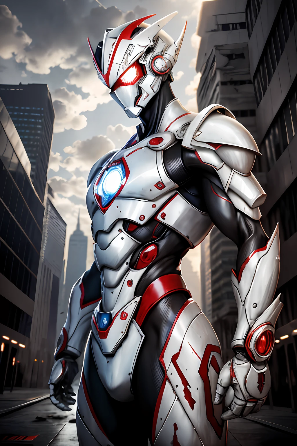 tmasterpiece，Best quality at best，A high resolution，realisticlying，The upper part of the body，
1boys，s Ultraman，MechUltraman，looking at viewert，Silvertone，white colors，Big red，power armour，fully armoured，（semi transparent：1.4），（lewd poses：1.1），Biomechanicals，
，metal reflective，dramatic  lighting，3D，ultra - detailed，rendering by octane，Broken tall buildings，Ruined streets