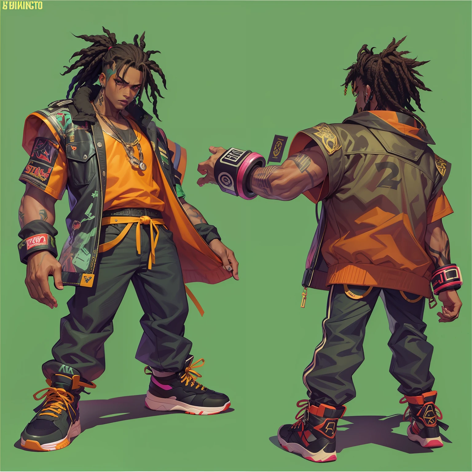 trap style, 1 Personagem para jogo de luta estilo Street Fighter, King of Fighters, Tekken, Virtua Fighter. 1Lutador homem, 1 personagem, Cicatrizes, pose de luta, homem negro, roupa moderna, cyberpunk, dreads coloridos, lil pump, lil uzi vert, xxxtentacion, garoto lutador, skate.