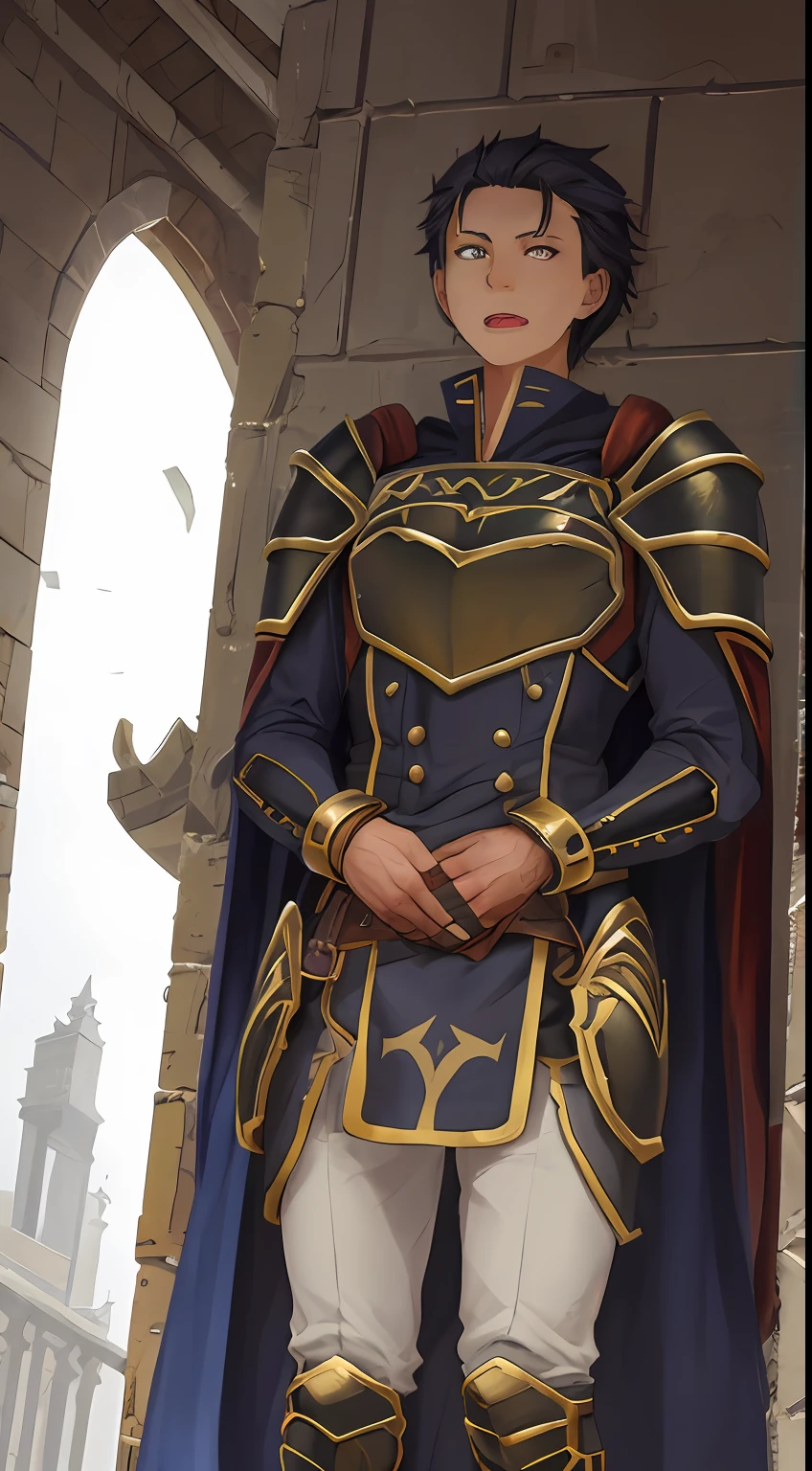 (1 Adult male),A high resolution, Sharp focus, Pixiv masterpiece, ((Complicated details)), highly detailed, natsuki_subaru, 1 man, with her mouth open,drools,full bodyesbian, Golden eyes(eyes glowing), with short golden hair,Armour,cloaks,Shoulder armor,perspire,look from down