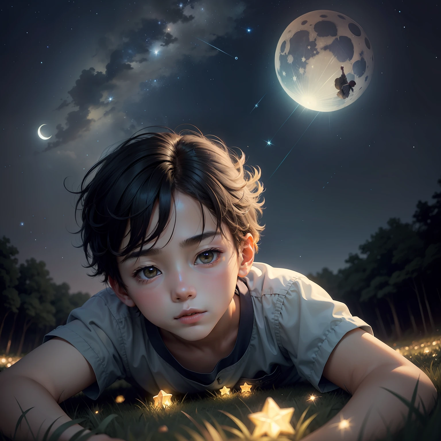 under the starry night sky,The boy was lying on the grass,Look up at the sky and the moon,Fireflies fly by from time to time。