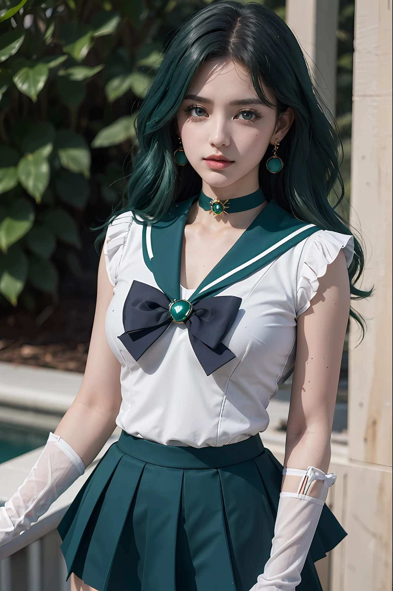 close-up, 1girl, sailor neptune, aqua eyes, dark green hair, medium hair, (sailor senshi uniform:1.1), plead skirt, bow, dynamic posture, Dynamic background, , best quality, masterpiece, high resolution, intricate details, (( realistic )), photographic, earrings, jewelry, white gloves, Medium breast, full body, white gloves, sailor collar