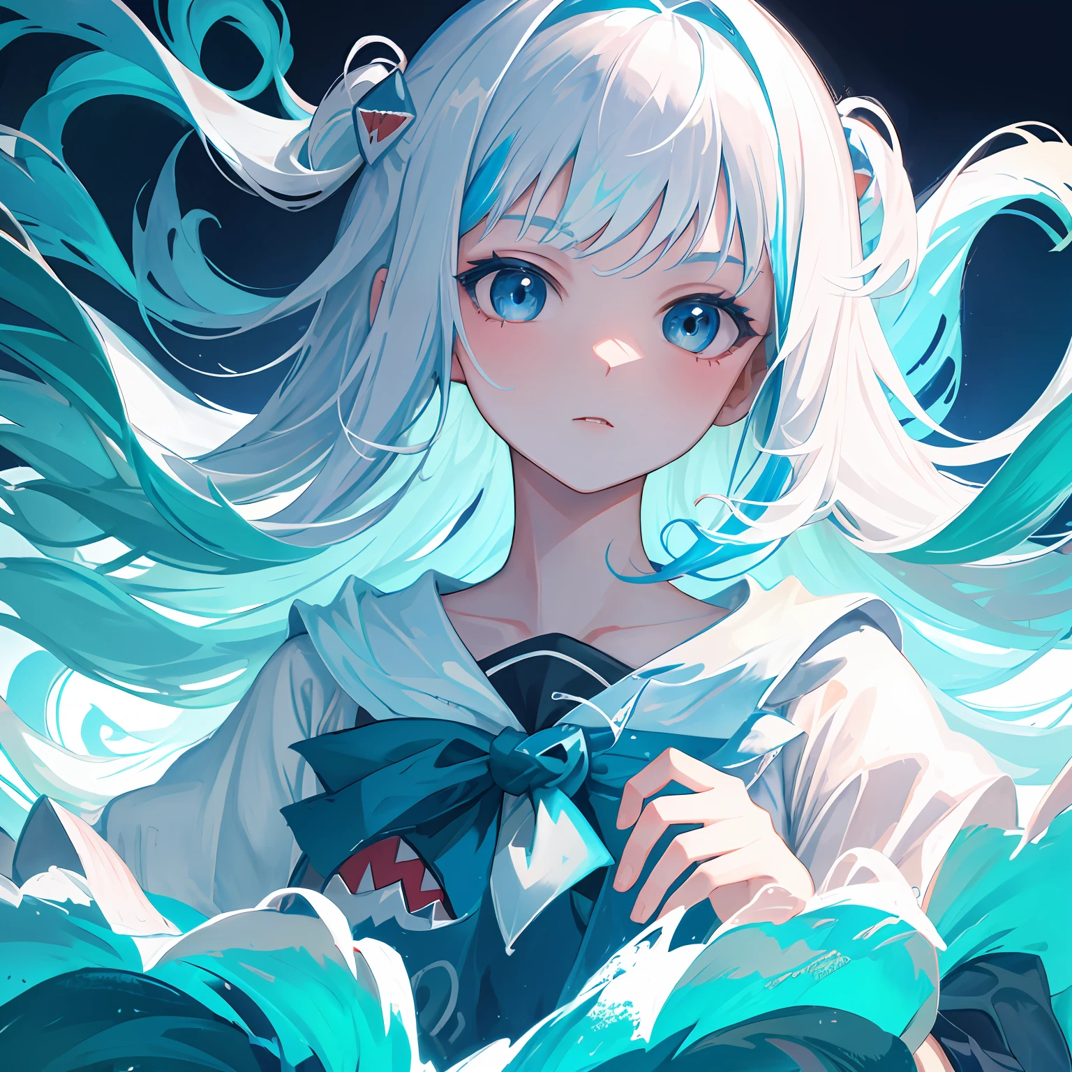 (人物: Gawr Gura),(masterpiece:1.2), 1girl, solo, best quality, shiny skin, hyper detailed ultra high res, in the water, underwater, cute, looking at viewer, extremely detailed wallpaper, close up portrait