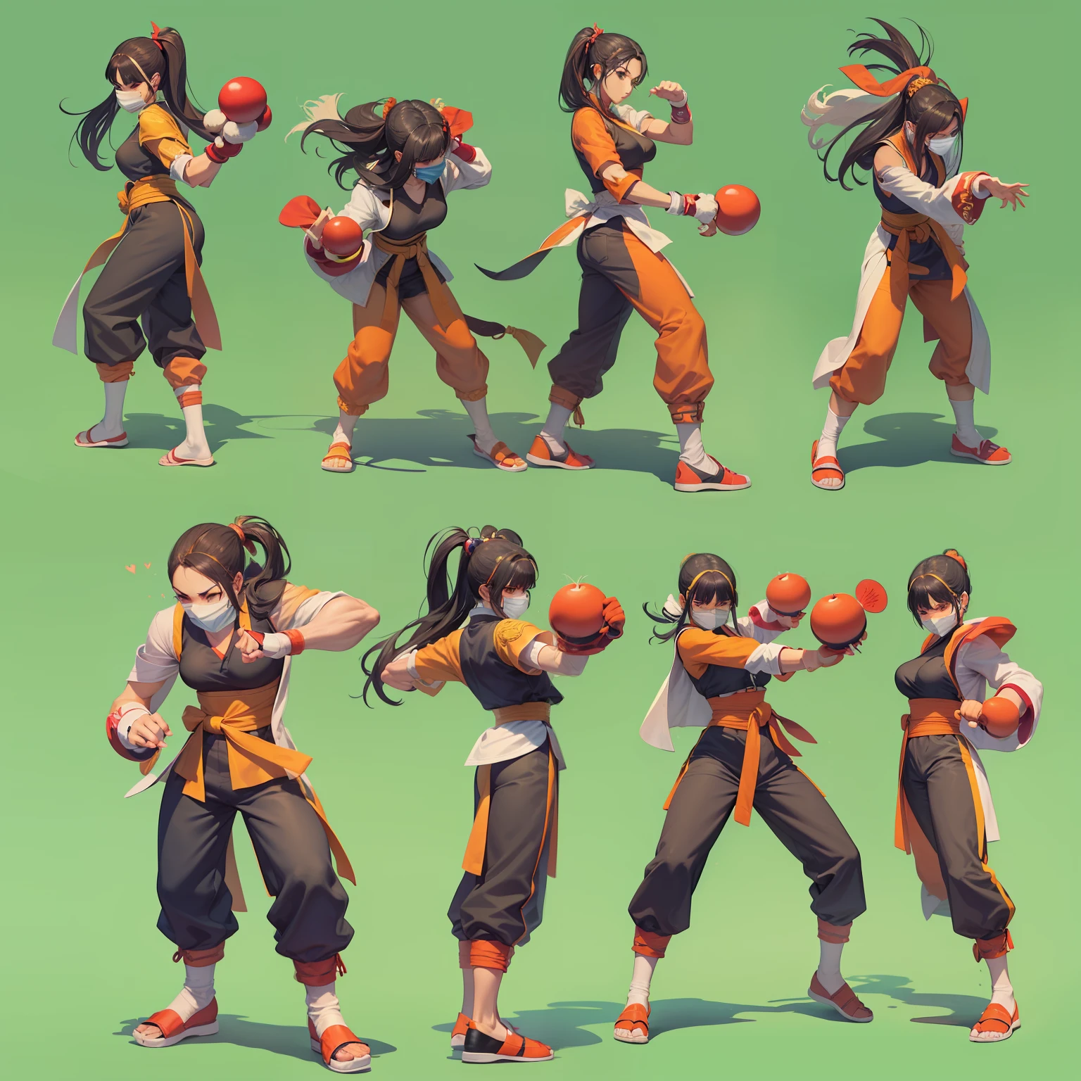 1 Personagem para jogo de luta estilo Street Fighter, King of Fighters, Tekken, Virtua Fighter. 1Lutadora mulher, Cicatrizes, pose de luta, wu chu, kung-fu, chinesa, Hair with Chinese Odango, mulher mascarada, wearing a mask covering his entire face, garota kung-fu, Claws in the hands.