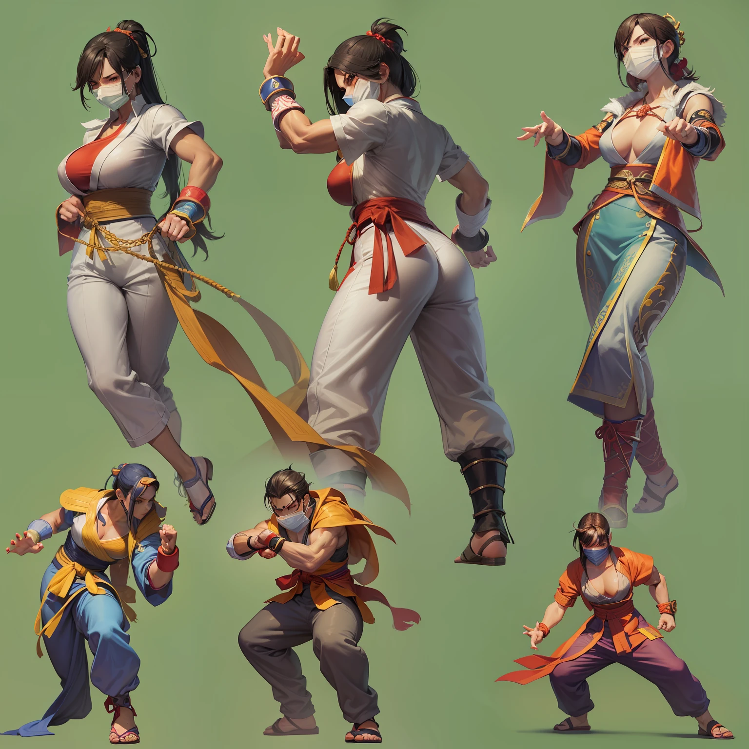 1 Personagem para jogo de luta estilo Street Fighter, King of Fighters, Tekken, Virtua Fighter. 1Lutadora mulher, Cicatrizes, pose de luta, wu chu, kung-fu, chinesa, Hair with Chinese Odango, mulher mascarada, wearing a mask covering his entire face, garota kung-fu, Claws in the hands.