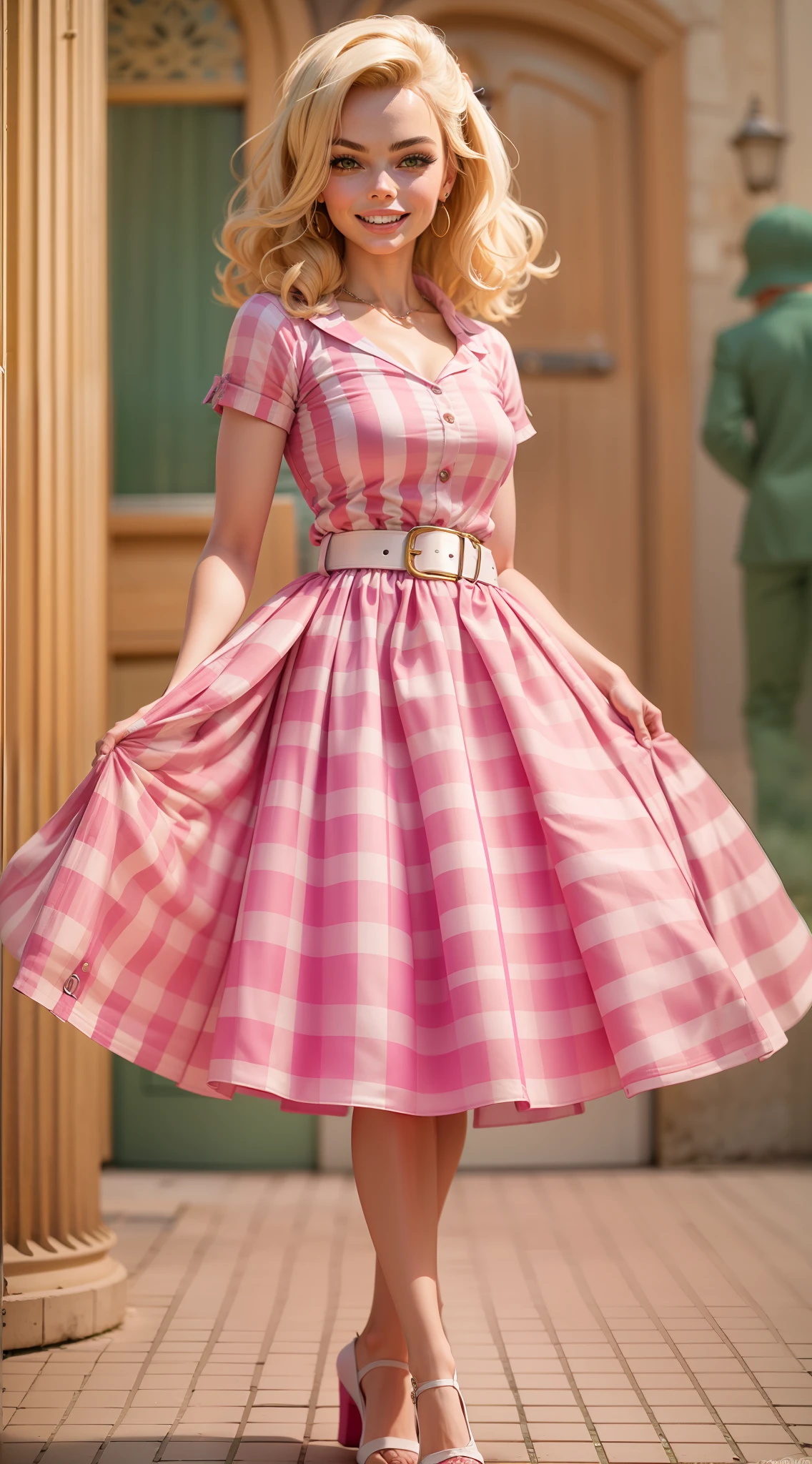 boneca barbie, parece Margot Robbie, louro, Vintage-inspired pink and white gingham dress, saia plissada completa , sapatos cor-de-rosa a condizer, belt, cabelo meio para cima e amarrado com uma fita rosa, e joias como no filme, Vista de altura total, Coloridos, Fundo branco puro,spft smile realistc