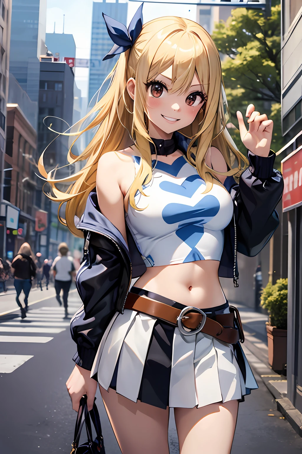 masterpiece, best quality, highres, lucy heartfilia, blonde hair, long hair, large breasts, jacket, crop top, bare shoulder, show stomach, belt, pleated skirt, cowboy shot, standing, looking at viewer, city road, outdoor, modern city road, blush, shy, smile, show teeth, stocking,