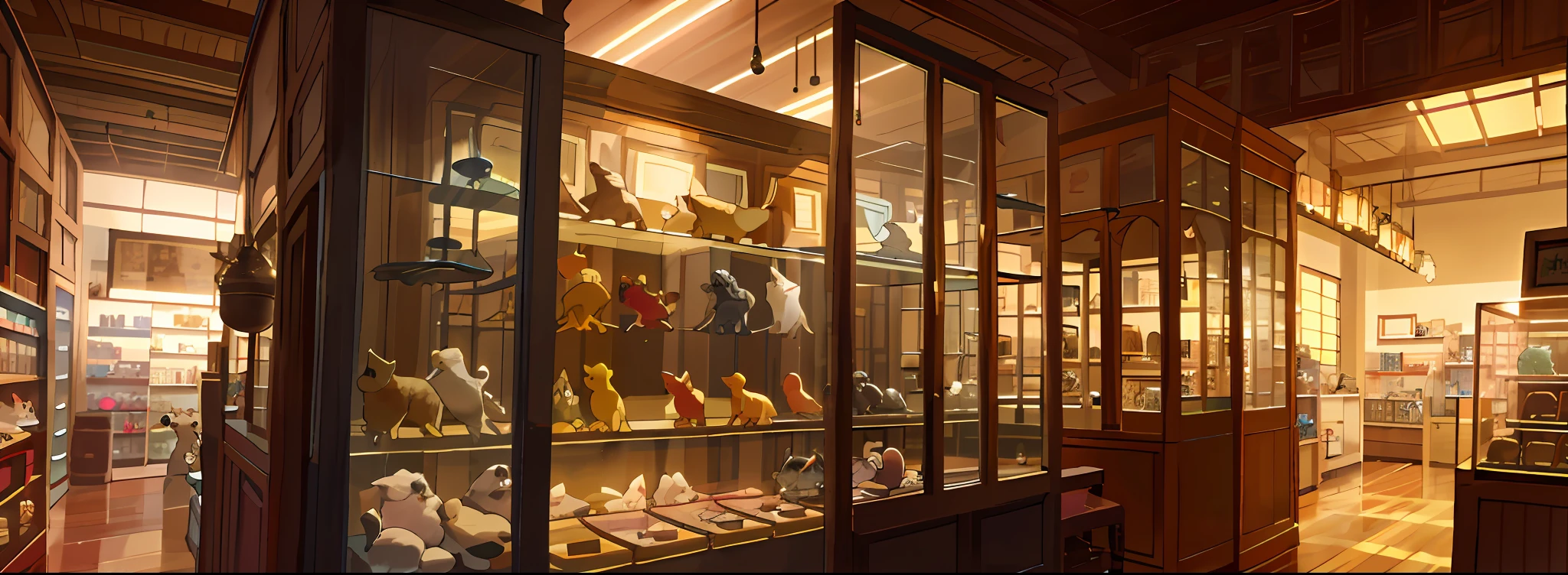 There are many glass cases,There are various items inside, Pet shop diffuse lighting, Pet shop background,, Showcases full of pets, Pets on display, In the background is a low-light pet shop, Cabinet of Curiosities, Pet Shop Archives, Pet shop lighting, Pet Expo, Museum, In the room of the pet store, Pet shop display,