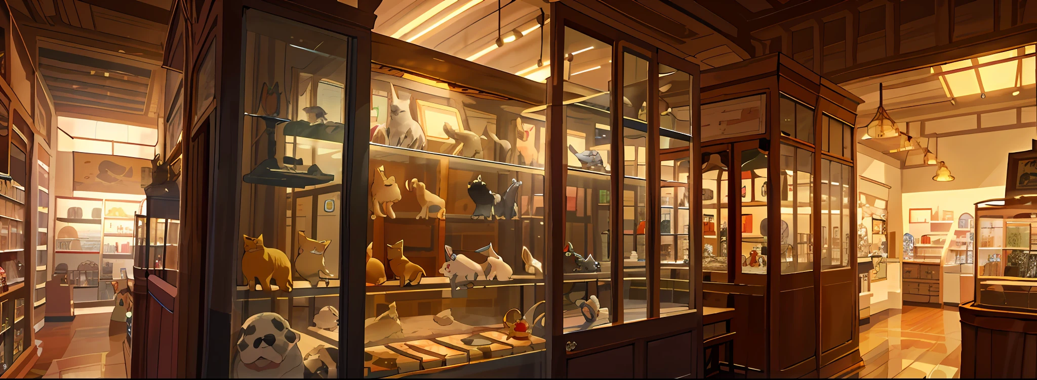 There are many glass cases,There are various items inside, Pet shop diffuse lighting, Pet shop background,, Showcases full of pets, Pets on display, In the background is a low-light pet shop, Cabinet of Curiosities, Pet Shop Archives, Pet shop lighting, Pet Expo, Museum, In the room of the pet store, Pet shop display,