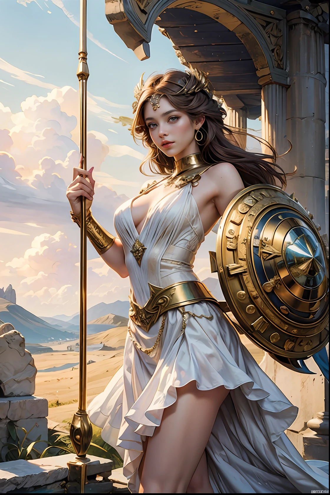 a woman in a white dress holding a shield and a shield, greek goddess athena, gorgeous goddess of leo, goddess of greek mythology, greek goddess, athena goddess of wisdom, ig model | artgerm, golden goddess athena, extremely detailed artgerm, style of artgerm, the god athena, as seen on artgerm, venus godness athena, (masterpiece, top quality, best quality, official art, beautiful and aesthetic:1.2), (1girl), extreme detailed,(fractal art:1.3),colorful,highest detailed