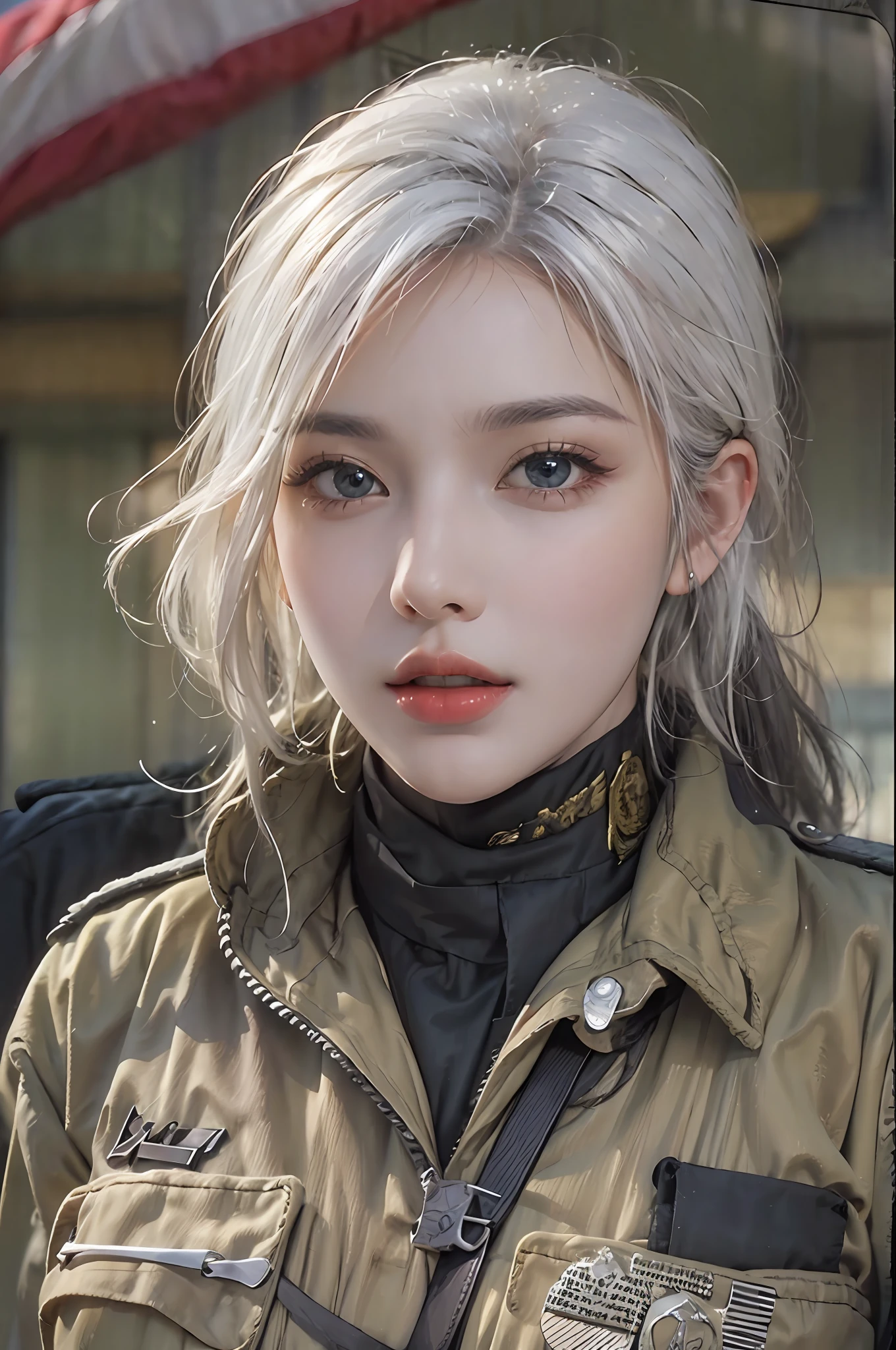 photorealistic, high resolution, 1 women, solo, hips_up, hips up, beautiful eyes, look at viewer, close mouth, detailed face, white hair, military uniform