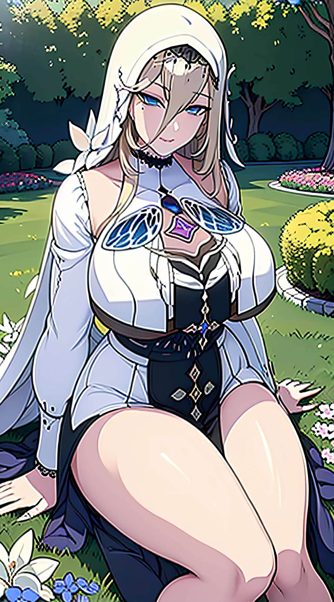 Aponiadef, sitting on a beautiful lawn, full of flowers, looking at the viewer, and smiling, while extending her hand to the viewer, she has big breasts, athletic body, light blond hair, dark blue eyes, wears a nun's outfit with golden adornments.