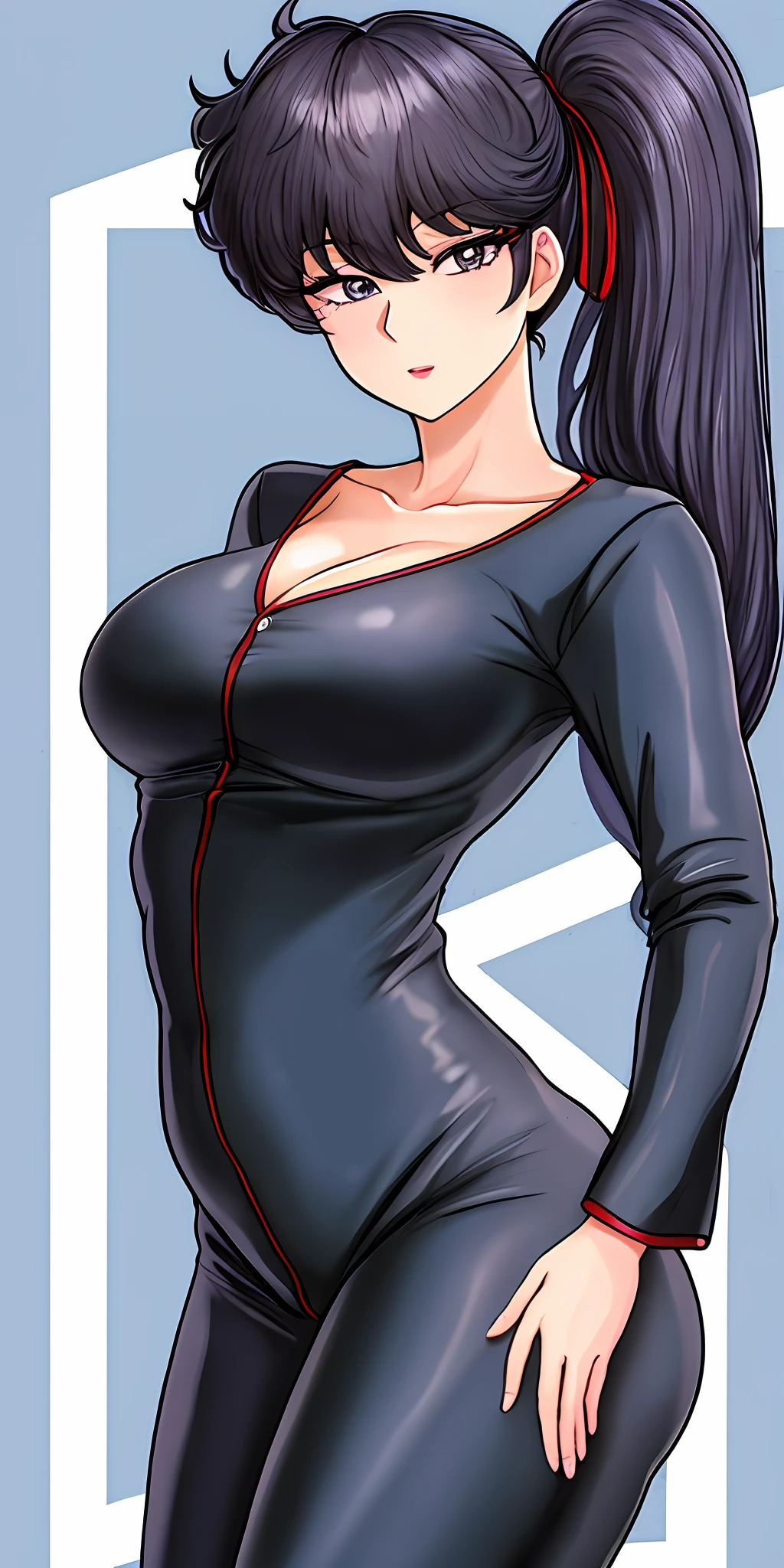 KodachiKunou, solo, standing, large_breasts, V Neck Onesie Pajamas Jumpsuit Romper Bodysuit with Drop Seat Butt Flap, open buttflap, turned around, presenting butt, masterpiece, best quality, detailed face, detailed eyes, highres,