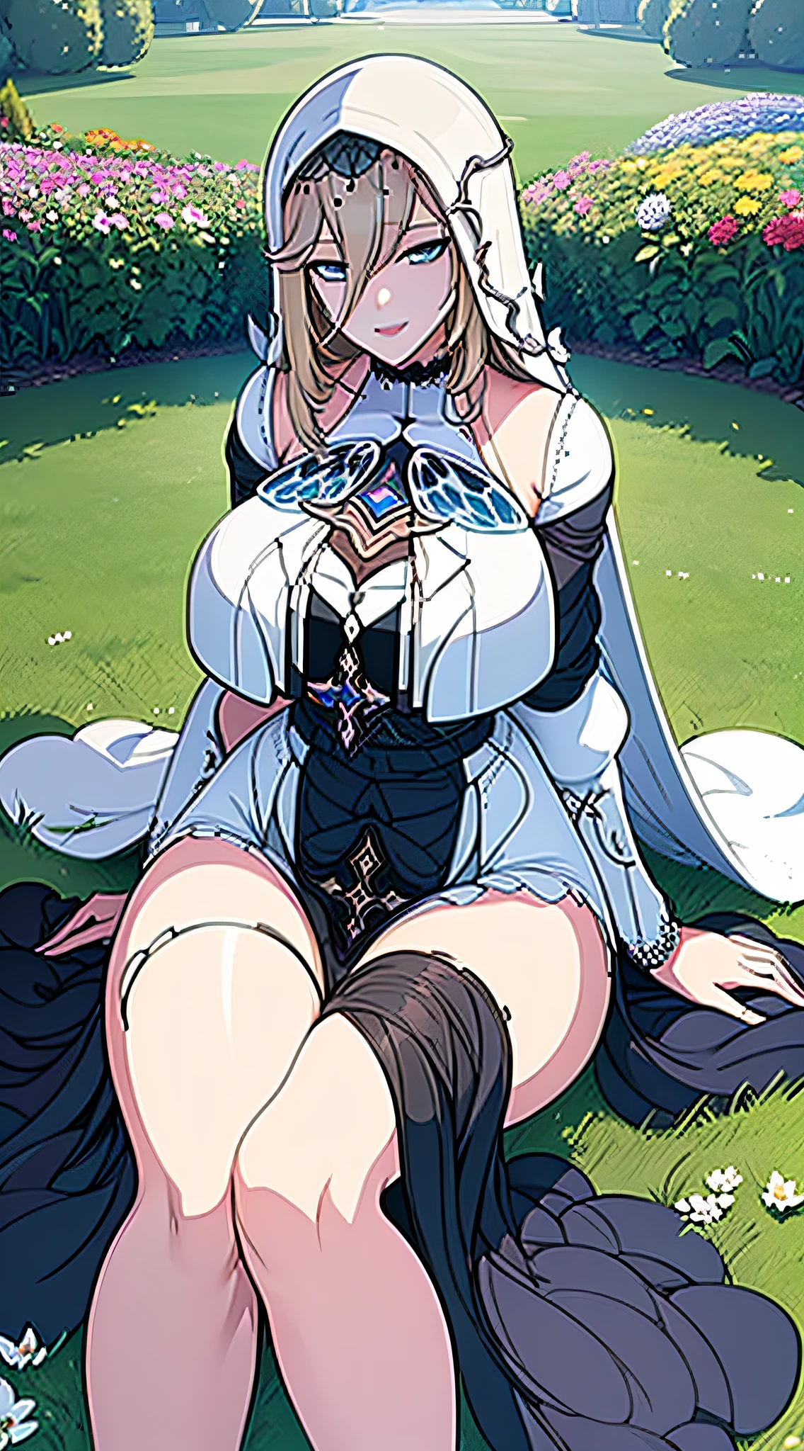 Aponiadef, sitting on a beautiful lawn, full of flowers, looking at the viewer, and smiling, while extending her hand to the viewer, she has big breasts, athletic body, light blond hair, dark blue eyes, wears a nun's outfit with golden adornments.