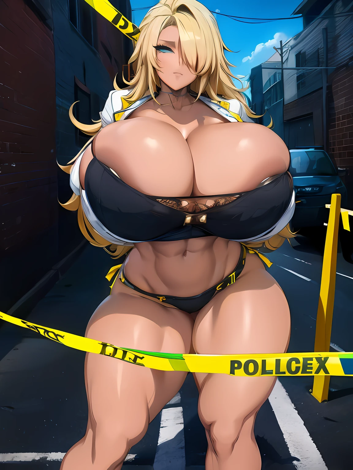 masterpiece, best quality, highly detailed, cowboy shot, portrait, text that says "do not cross"
harem, police woman, large breasts, petite, white jacket, (beltbra:1.2),(caution tape:1.3), deep skin, skindentation, 
BREAK
city, alleyway, red_and_blue_lights, (police_car:1.2), siren, crime_scene, night, dark theme,  ty), (clouds), add_detail:1, hair over eyes, hair over one eye, gigantic boobs, tits, hyper largest_breasts!! with the type of boobs_melons, wide hips, huge ass, thick legs