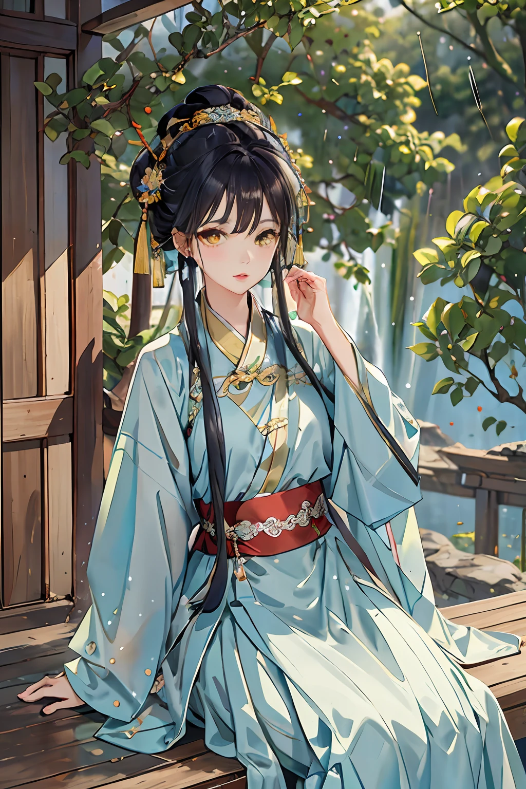 Best quality at best,Complicated details,A high resolution,(beautiful detailed water:1.4),(Hanfu,Tang Feng),yellow eyes,sitting beside the window,looking out,Then it started to rain lightly outside the window,More detail on the face,The right eye should be more natural,Increase the detail of the hands