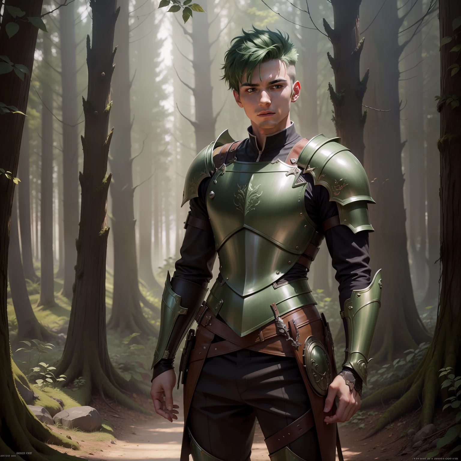 masterpiece, best quality, realistic, 1male, solo, 18-year-old, very short green hair and shaved, intricately detailed face, knight, green armor, forest background, holding bowl, cinematic scene, dramatic light, 8k, determined look, Intricate details, highly detailed, Sharp focus, a digital rendering, professional, 4K, art stations, Art germ, fantasy, full body, perfect face,