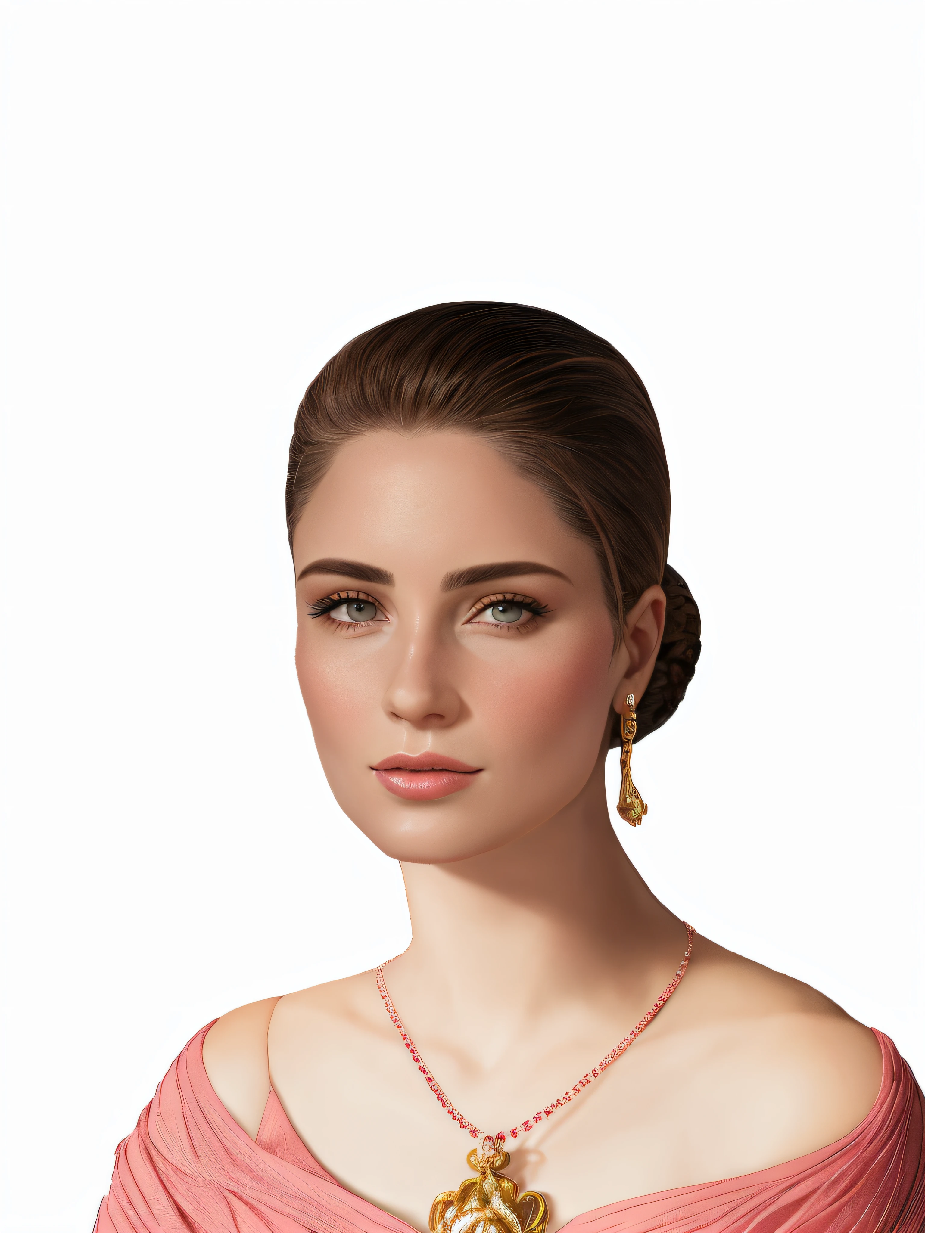 mulher arafed em um vestido rosa com um colar de ouro e brincos, arte digital de um elegante, rosto realisticamente renderizado, rosto bonito realista, rosto realista detalhado, rosto detalhado realista, rosto realista altamente detalhado, mulher da beleza com rostos detalhados, retrato feminino realista, belo rosto realista, Pose formal de retrato estilizado, rosto perfeito sombreado realista, rosto bonito fotorrealista