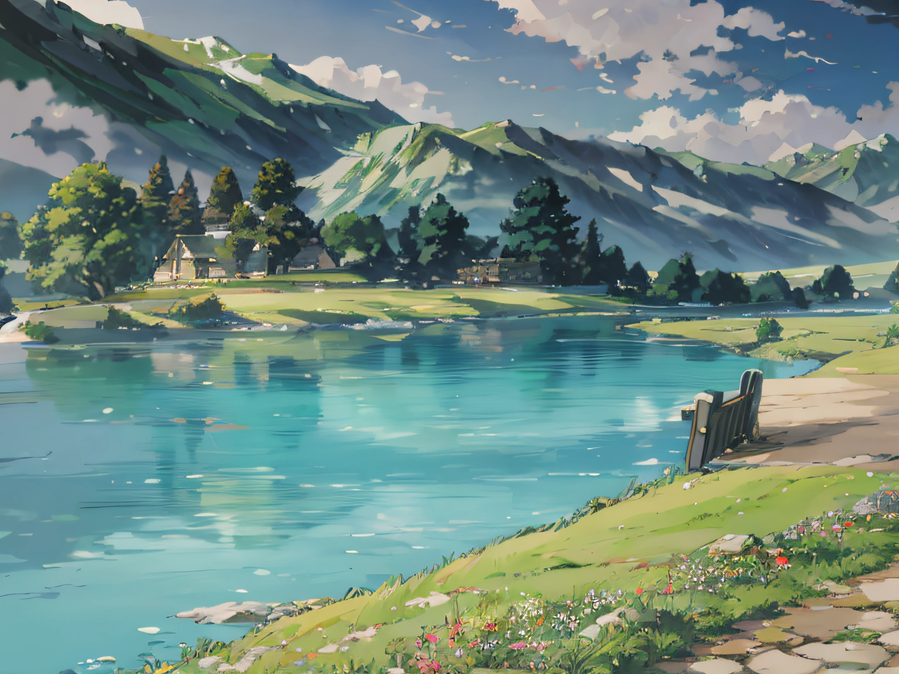 In the background is an anime landscape of benches and mountain lakes, landscape artwork, beautiful anime scenery, Anime landscapes, beautiful anime scenes, silvain sarrailh, anime countryside landscape, Anime landscape, Anime landscape concept art, scenery art detailed, anime beautiful peace scene, studio glibly makoto shinkai, ross tran. scenery background, Anime background art