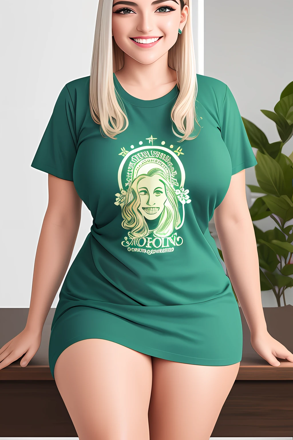 (obra-prima, melhor qualidade, ultra-detalhado, highres),1girl, solo, ((pale skinned)), ((cabelo loiro)), ((olhos verdes)), tshirt azul, vestido azul, sem decote,  perfect  lighting, anatomia perfeita, corpo totalmente a mostra, dinamic angle, pov, sorriso esplendoroso