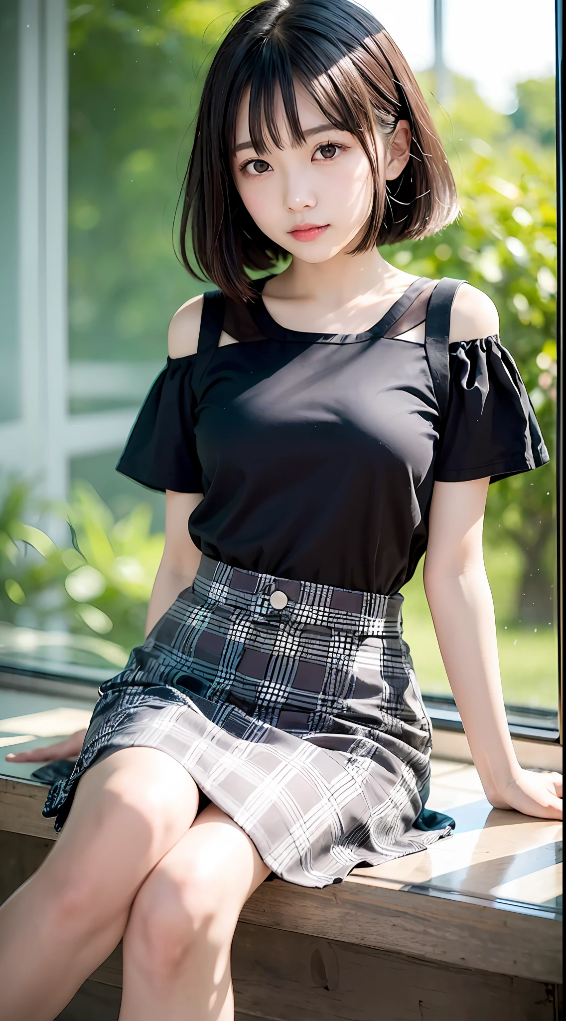 女の子1人、14 years old girl、Black Hair Bob(Straight hair、We have all、Katyusha)、Pretty clothes(Idol style summer clothes、skirt by the)、very slender figure、Too skinny、a picture、realisticlying、top-quality、adopt、A detailed face、细致背景、diffuse sunlight、depth of fields、Full-body angle of view、sitting on、Little sexual、独奏