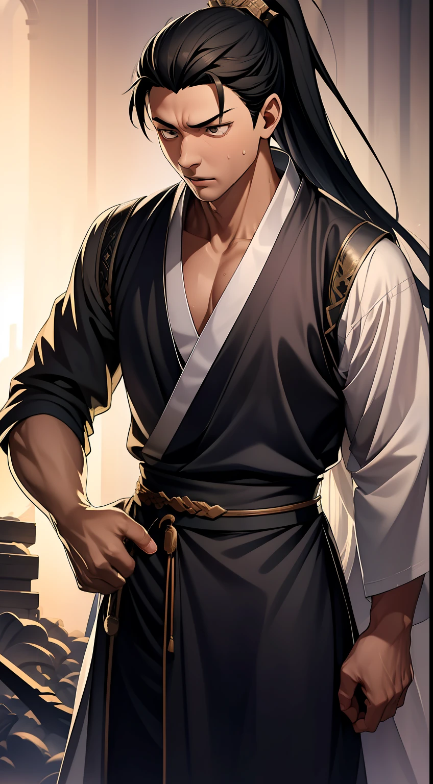quadratic element,style of anime,mtu(Male Warrior),The proportions are correct,Face details,swordsmen,High ponytail hairstyle,Neck details,There is an Adam's apple,Black Hanfu,kaftan,Embroidered robes,Black robe,clothes details,Handing over,longer sleeves,Game quality,Swordsmanship,Light and shadow tracking,Ray traching,detailed glow,cg render,hair detail,long white hair,Black eyes,Handsome,Handsome,(juvenile sense),Clothing is complicated,Perfectcomposition,Refinement,high qulity,higher details,Lots of details,The background is complex,a sense of atmosphere,