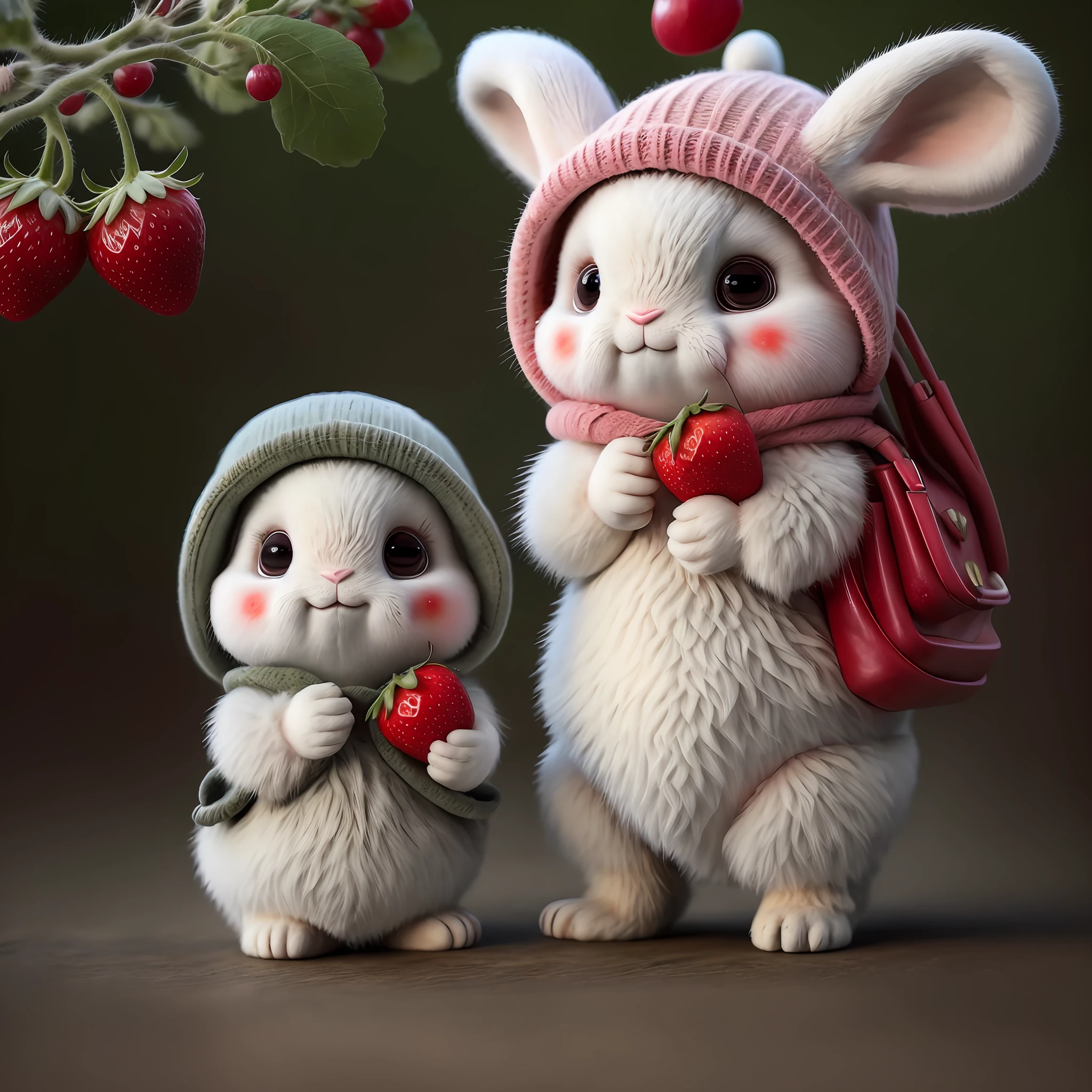 : 3. Rabbit, realistic, hairy, clothed animal, apple, dark circles, blush, cherry, food, fruit, full body, hat, non-human, strawberry, tomato, watermelon
