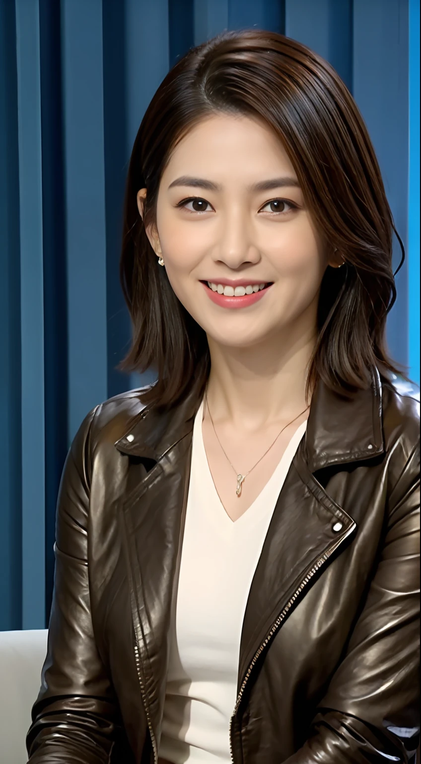 The highest image quality、超A high resolution、1girl in、beautiful countenance、Shorthair、Announcer in long-sleeved leather jacket、Sitting in the studio