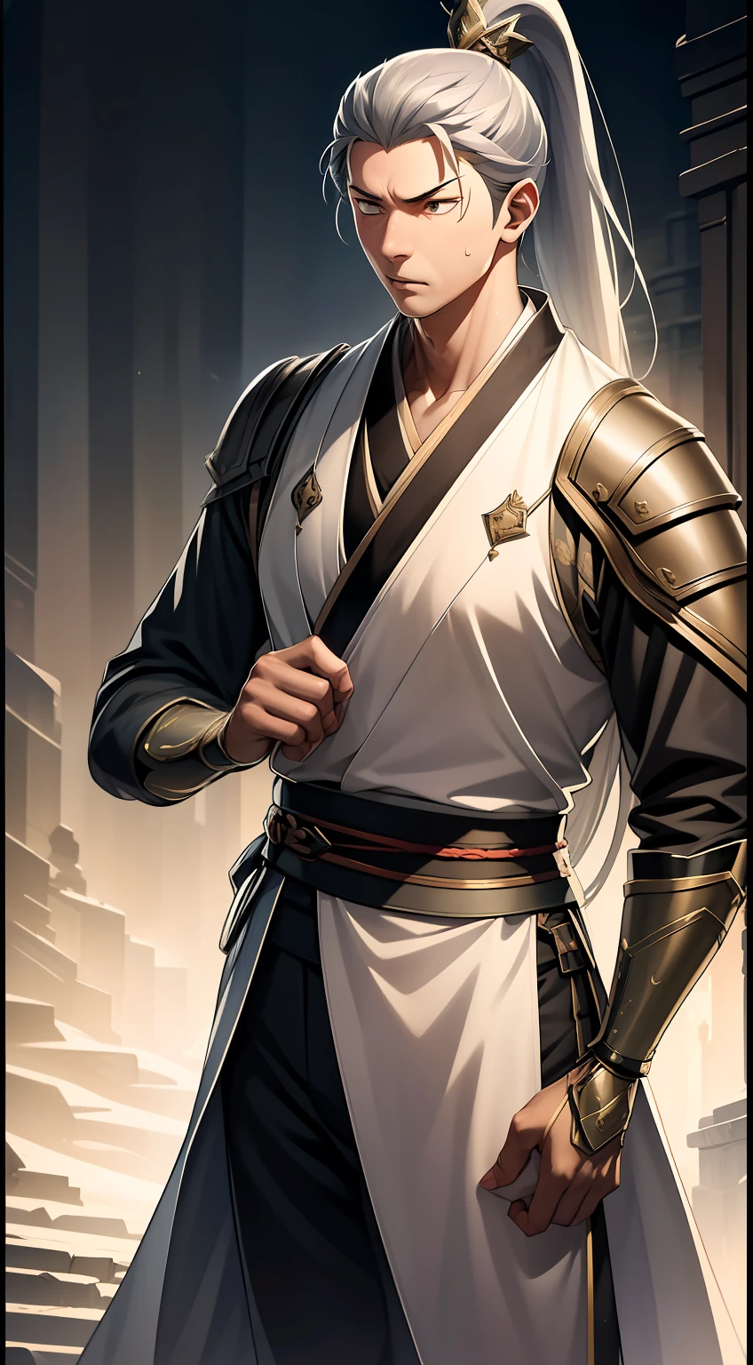 quadratic element,style of anime,mtu(Male Warrior),The proportions are correct,Face details,swordsmen,High ponytail hairstyle,Neck details,There is an Adam's apple,Black Hanfu,kaftan,Embroidered robes,Black robe,clothes details,Handing over,longer sleeves,Game quality,Swordsmanship,Light and shadow tracking,Ray traching,detailed glow,cg render,hair detail,long white hair,Black eyes,Handsome,Handsome,(juvenile sense),Clothing is complicated,Perfectcomposition,Refinement,high qulity,higher details,Lots of details,The background is complex,a sense of atmosphere,