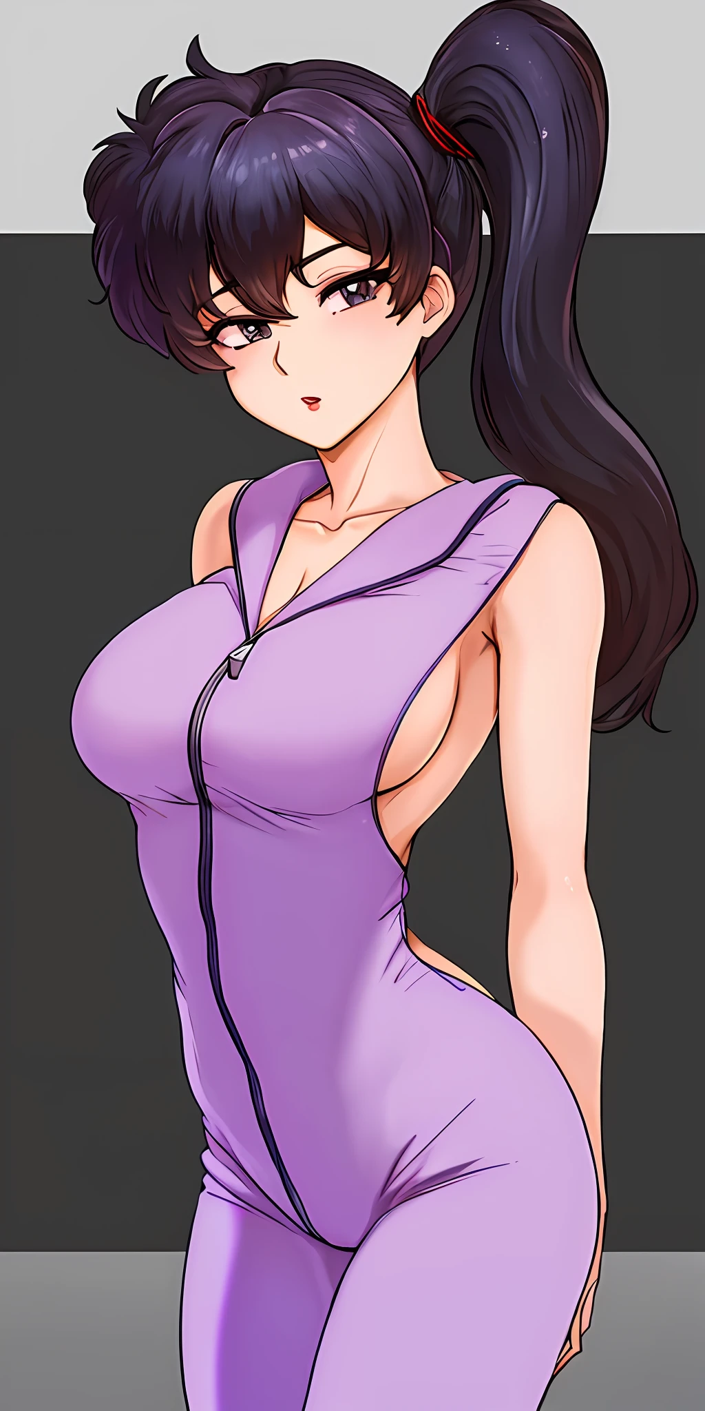 nsfw, KodachiKunou, solo, standing, large_breasts, jumper V Neck Onesie Pajamas Jumpsuit Romper Bodysuit with Drop Seat Butt Flap, open buttflap, turned around, presenting butt, masterpiece, best quality, detailed face, detailed eyes, highres,