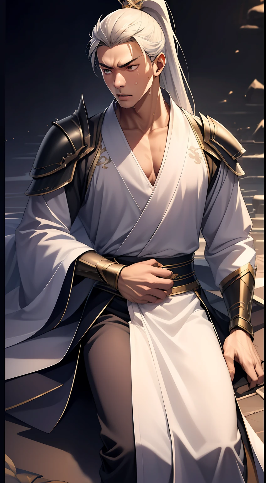 quadratic element,style of anime,mtu(Male Warrior),The proportions are correct,Face details,swordsmen,High ponytail hairstyle,Neck details,There is an Adam's apple,Black Hanfu,kaftan,Embroidered robes,Black robe,clothes details,Handing over,longer sleeves,Game quality,Swordsmanship,Light and shadow tracking,Ray traching,detailed glow,cg render,hair detail,long white hair,Black eyes,Handsome,Handsome,(juvenile sense),Clothing is complicated,Perfectcomposition,Refinement,high qulity,higher details,Lots of details,The background is complex,a sense of atmosphere,