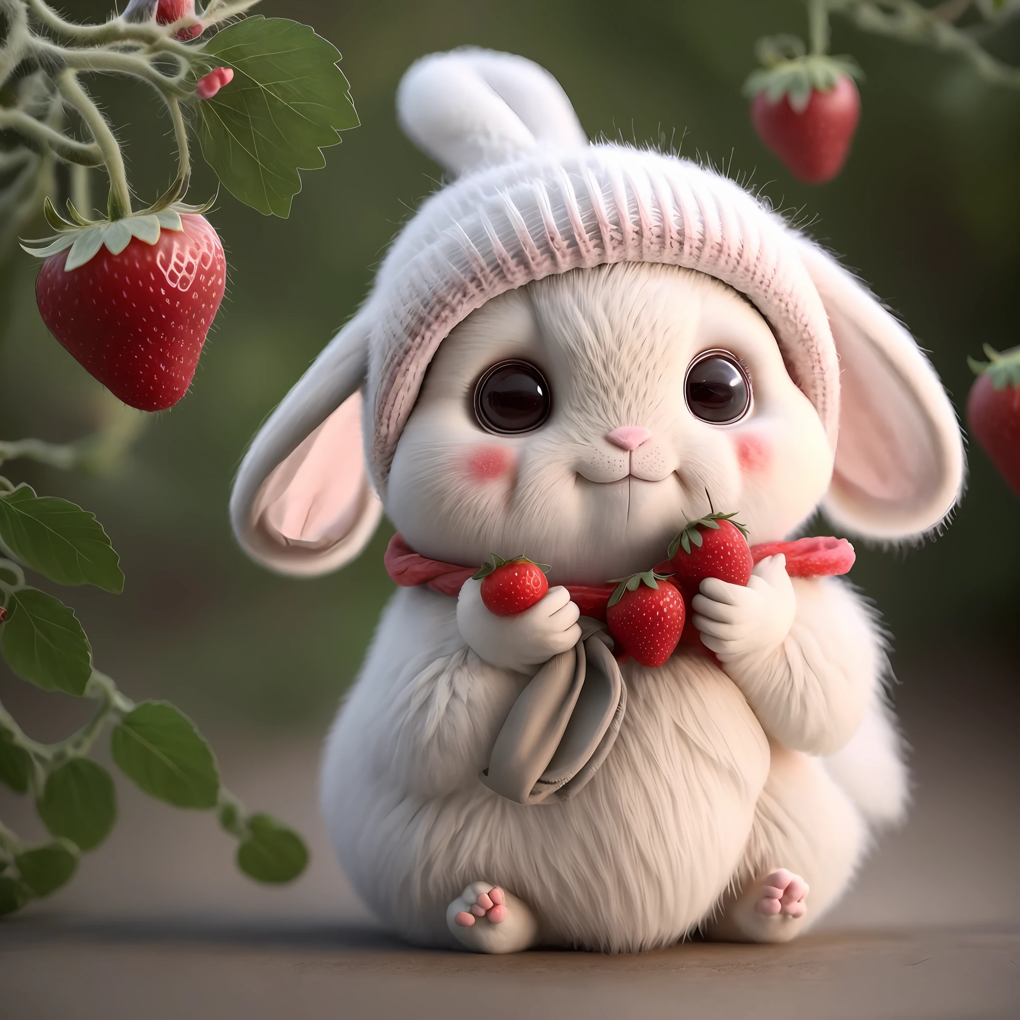 : 3. Rabbit, realistic, hairy, clothed animal, apple, dark circles, blush, cherry, food, fruit, full body, hat, non-human, strawberry, tomato, watermelon